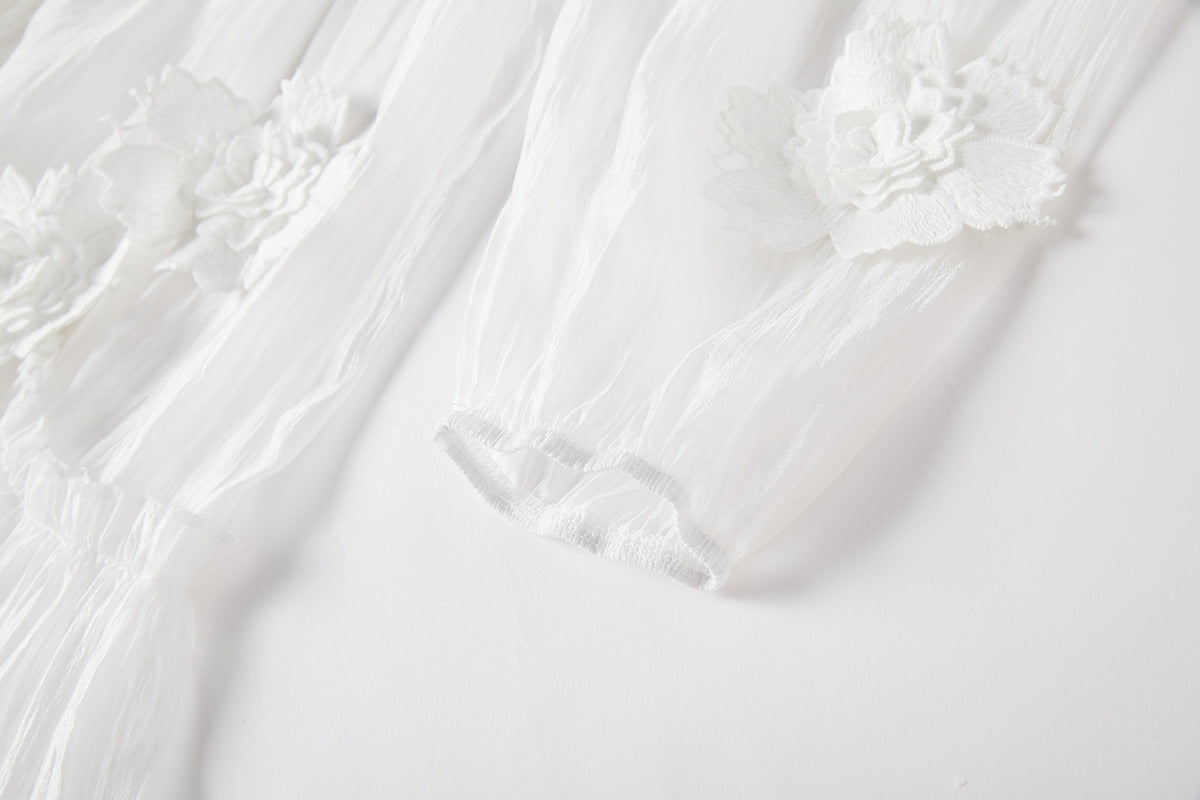 French Lace Floral Embellished Maxi Beach Dress with Lace Eyelash Sling And Bottoming Skirt - 834067027238