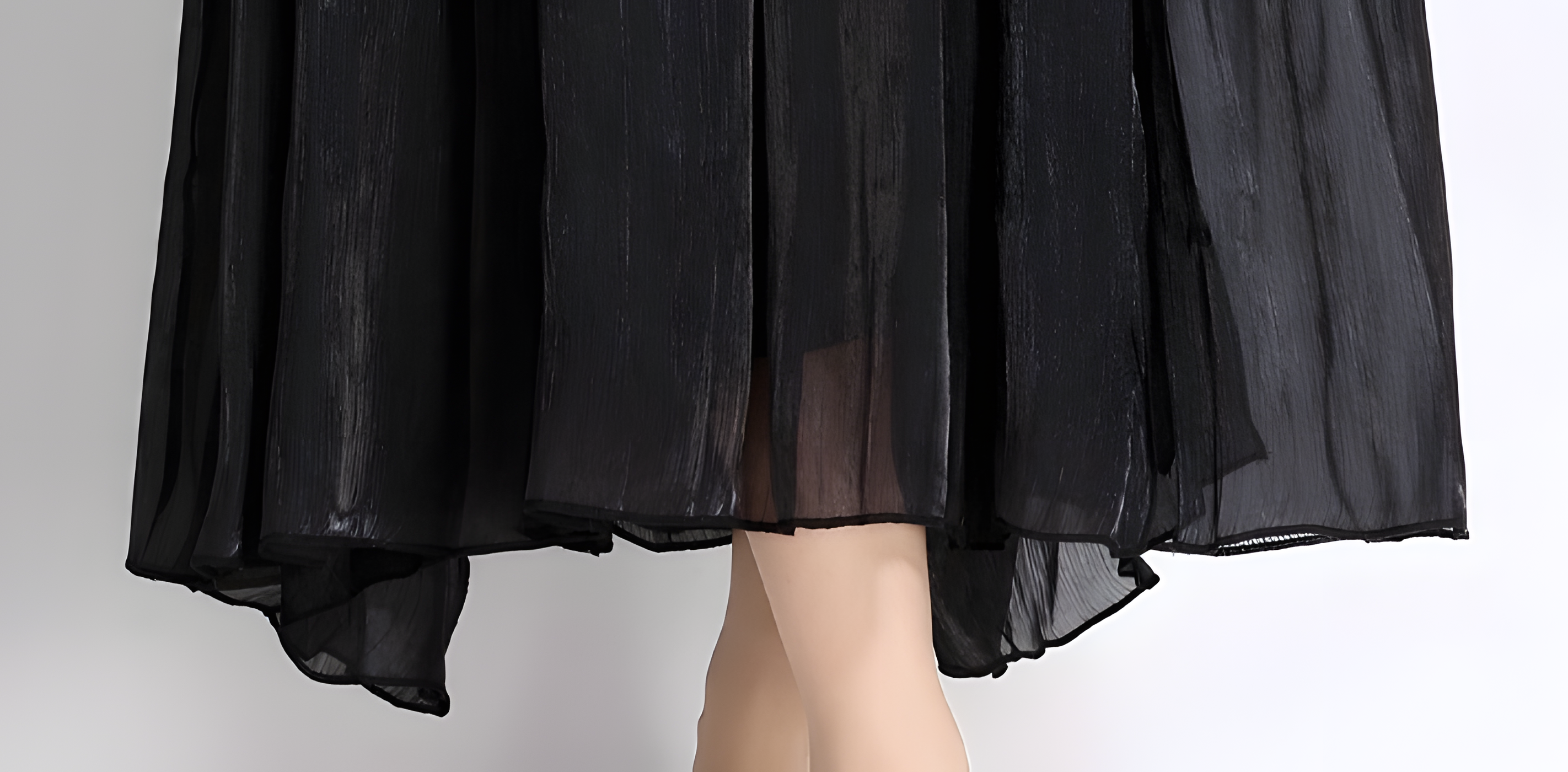 Glossy Pearlescent Chiffon Satin Fabric Lantern Sleeve Black Dress with Belt - 826775506420_BAS