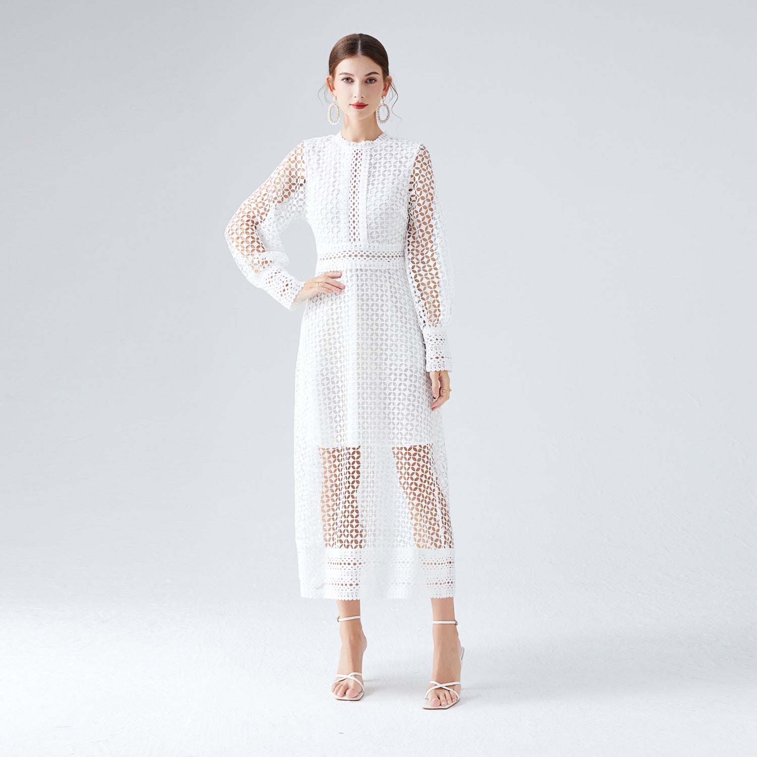 French Crochet Lace High Neck Lantern Sleeve White Dress - 735550461594_WHI