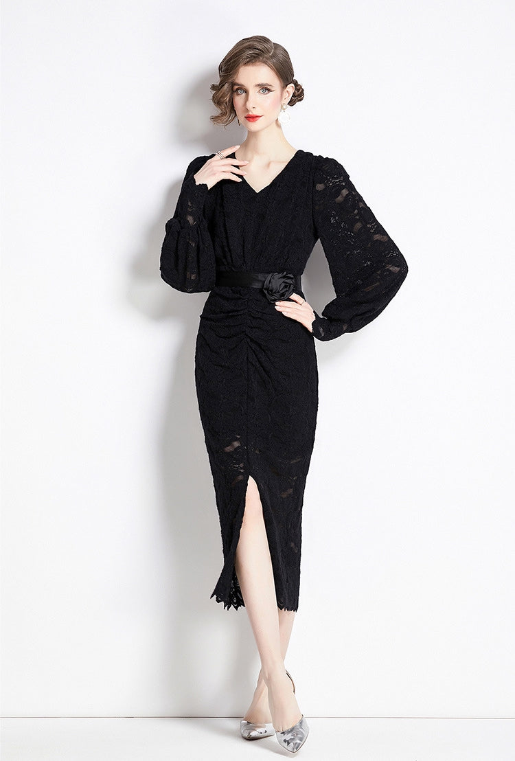 French Lace Long Sleeve V Neck Front Slit Body-fit Dress With Rose Belt - 750531237798_BLA