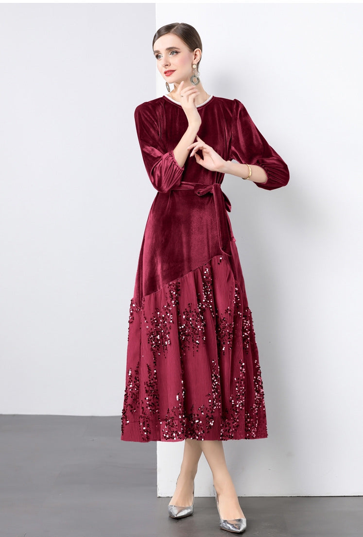 Velvet Mesh and Sequin Embellished Dress - 855932949530_CLARET