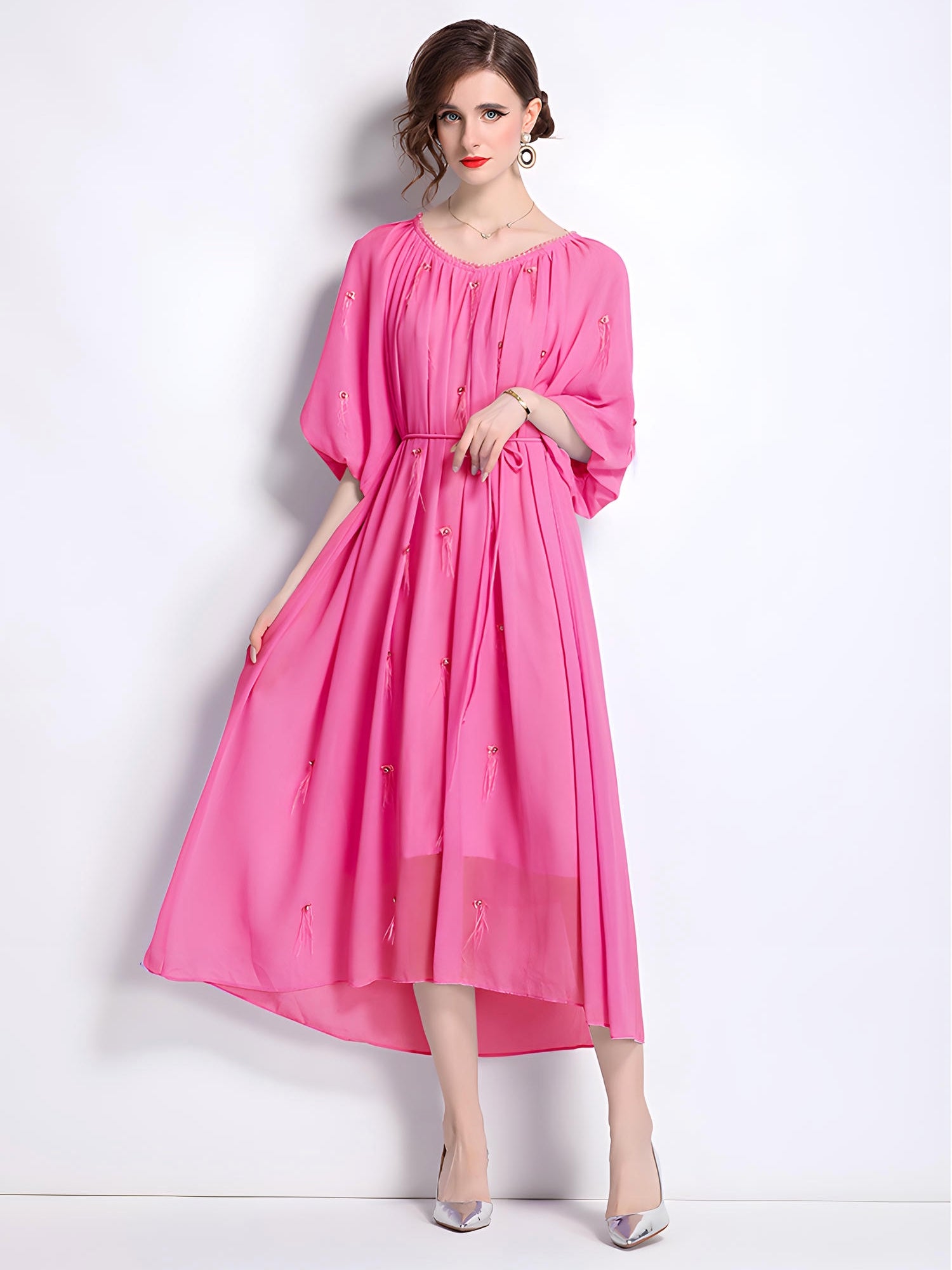 Tassel and Jewel Embellished Rose Red Chiffon Dress - 808431656493_ROS