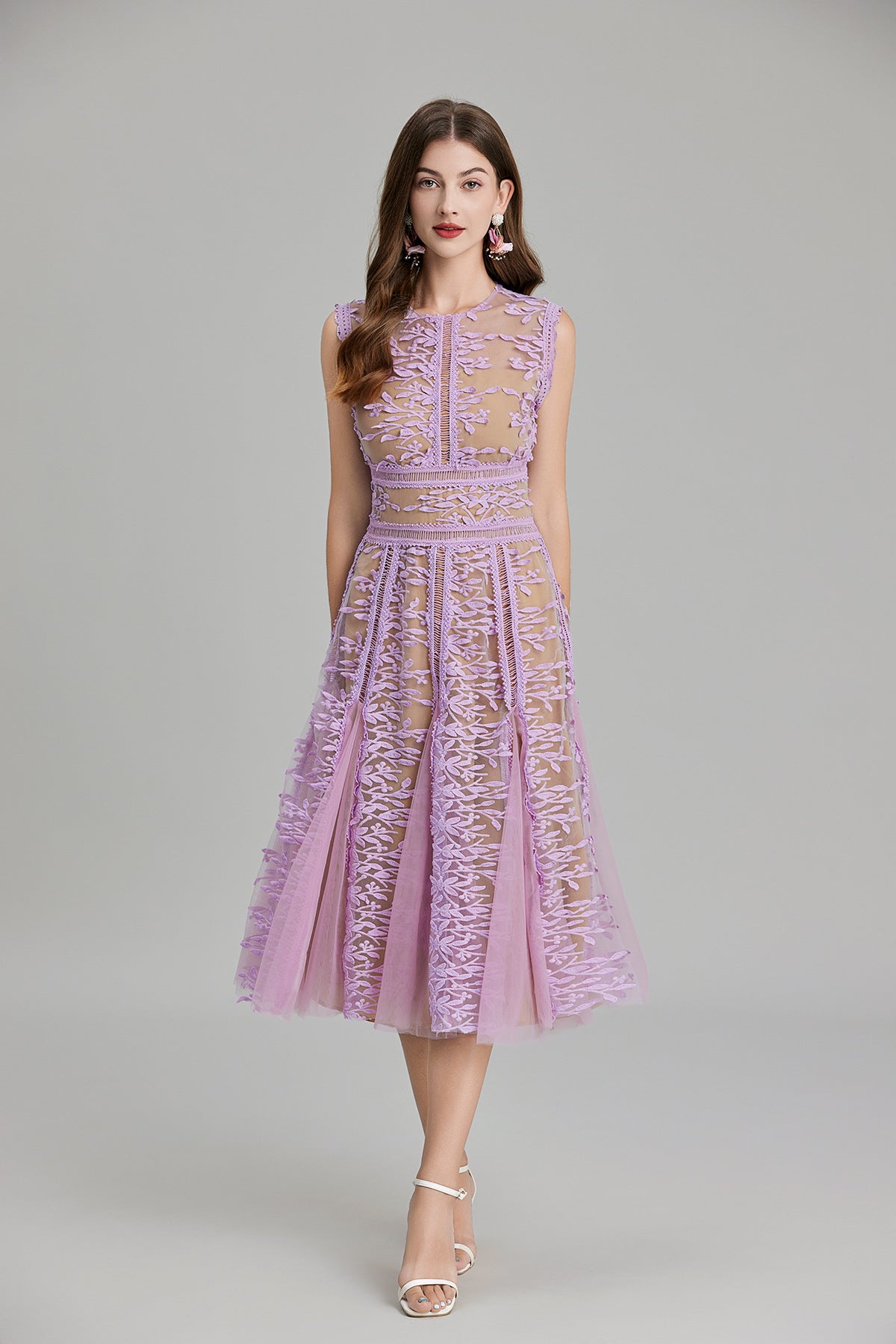 Lavender Mist Lace Flocked Midi Dress with Nude Lining - 823734853765_PUR