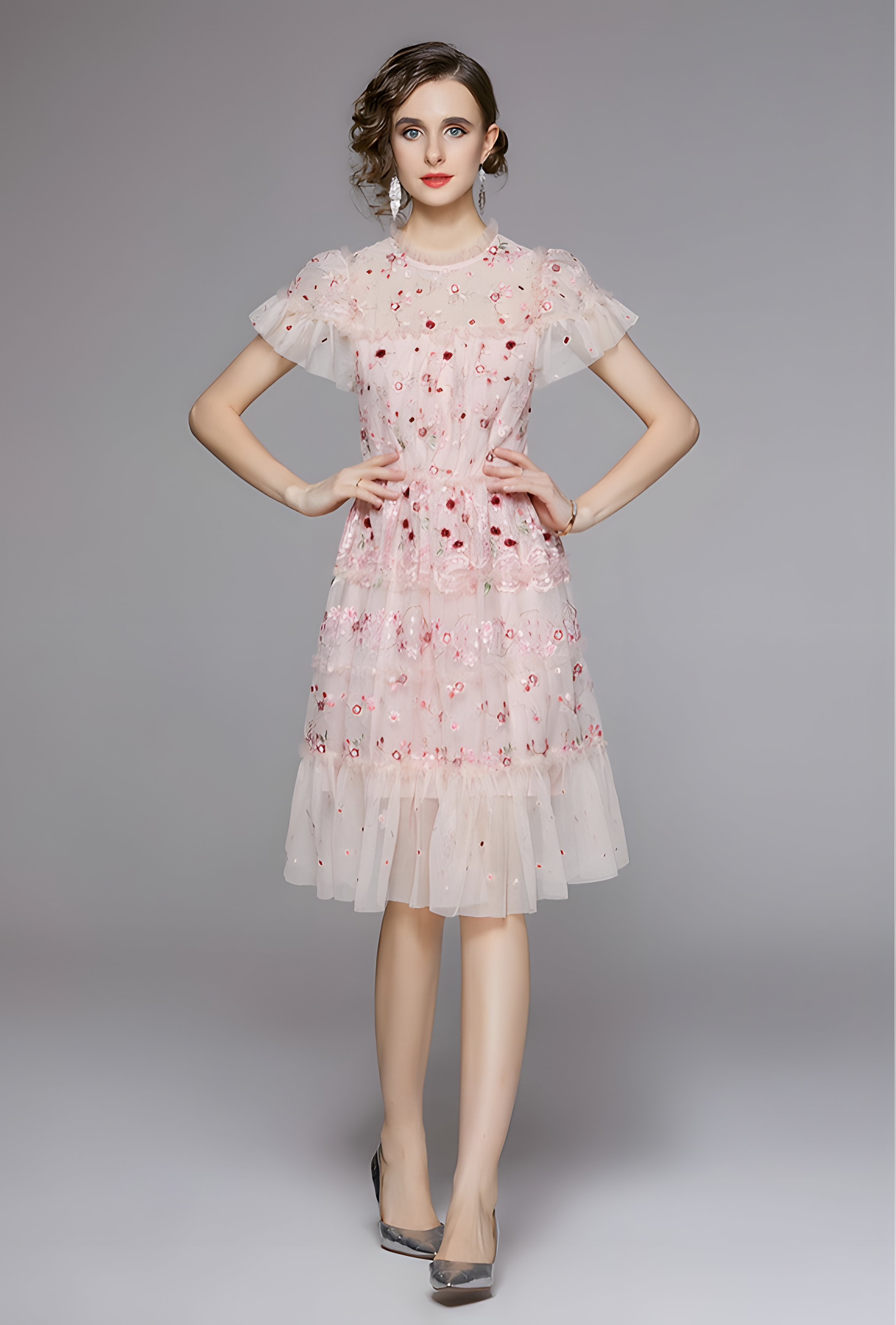 Embroidered Mesh Multitier Ruffled Skirt High Neck Pink Dress - 701166254679_BAS