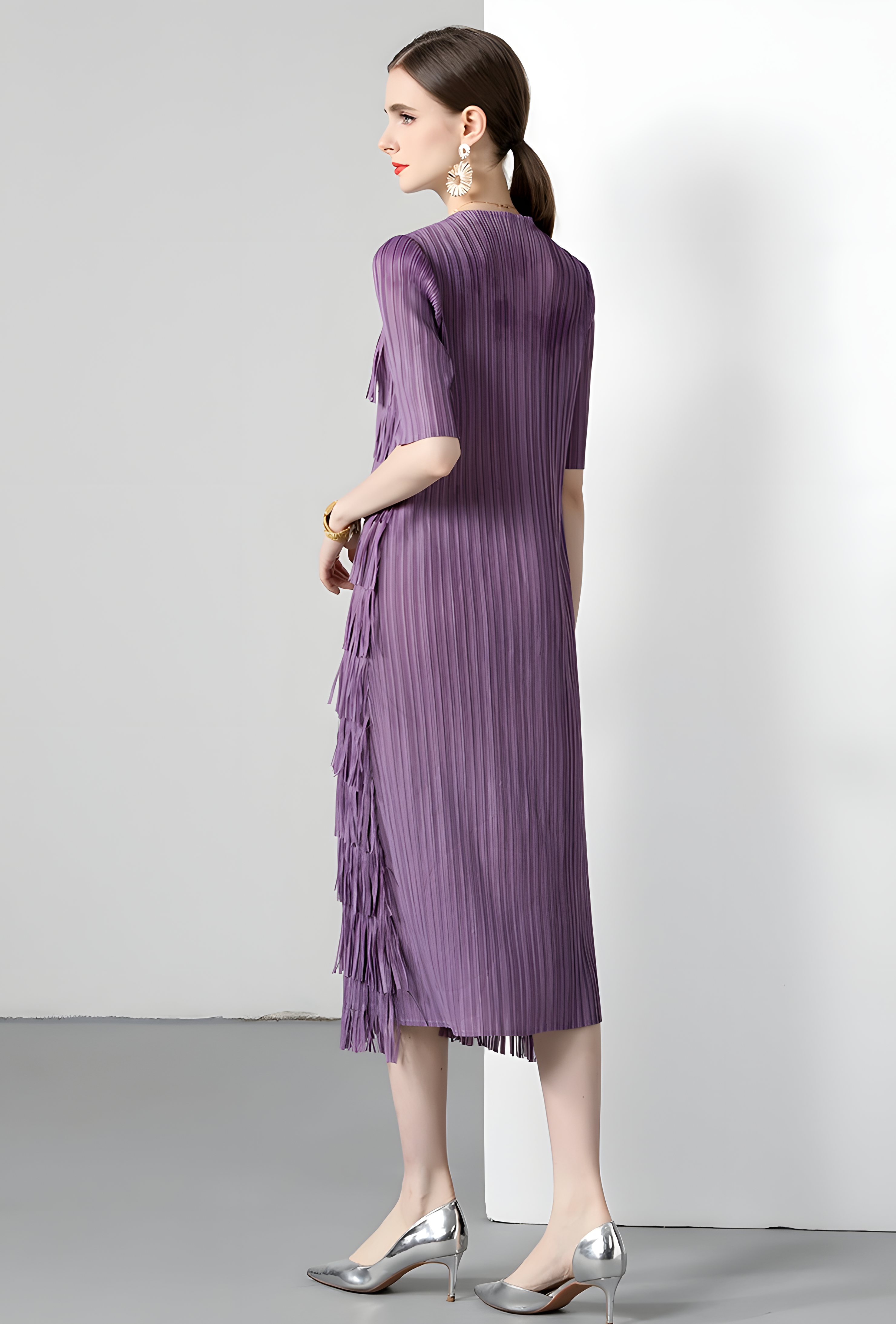 Multitier Fringe Stretchable Free Size Party Violet Dress - 764154489541_ZY_VIO