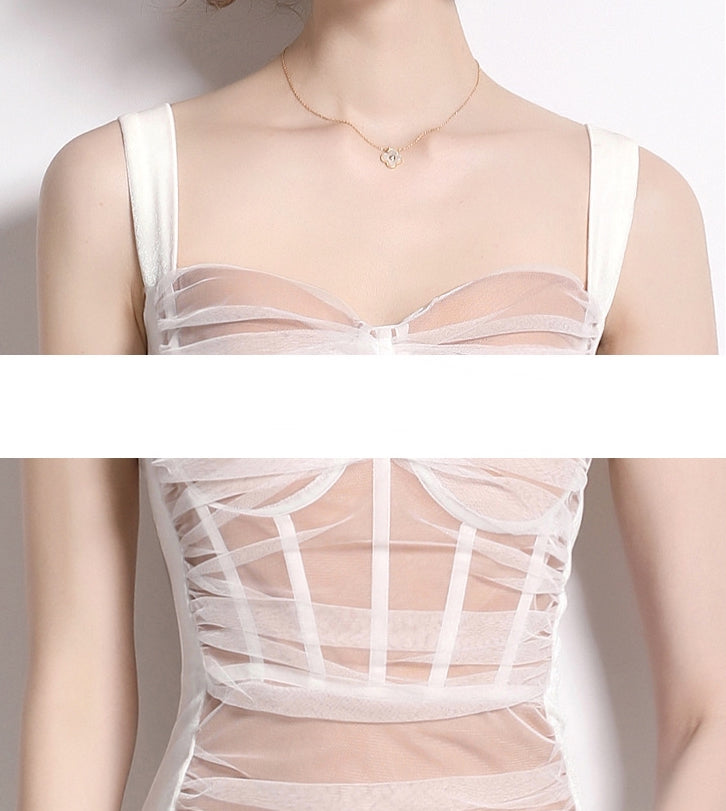 Corset Vest Nude Lining Mesh And Velvet Suspender Fitted Red Short Dress - 709207678953_BAS