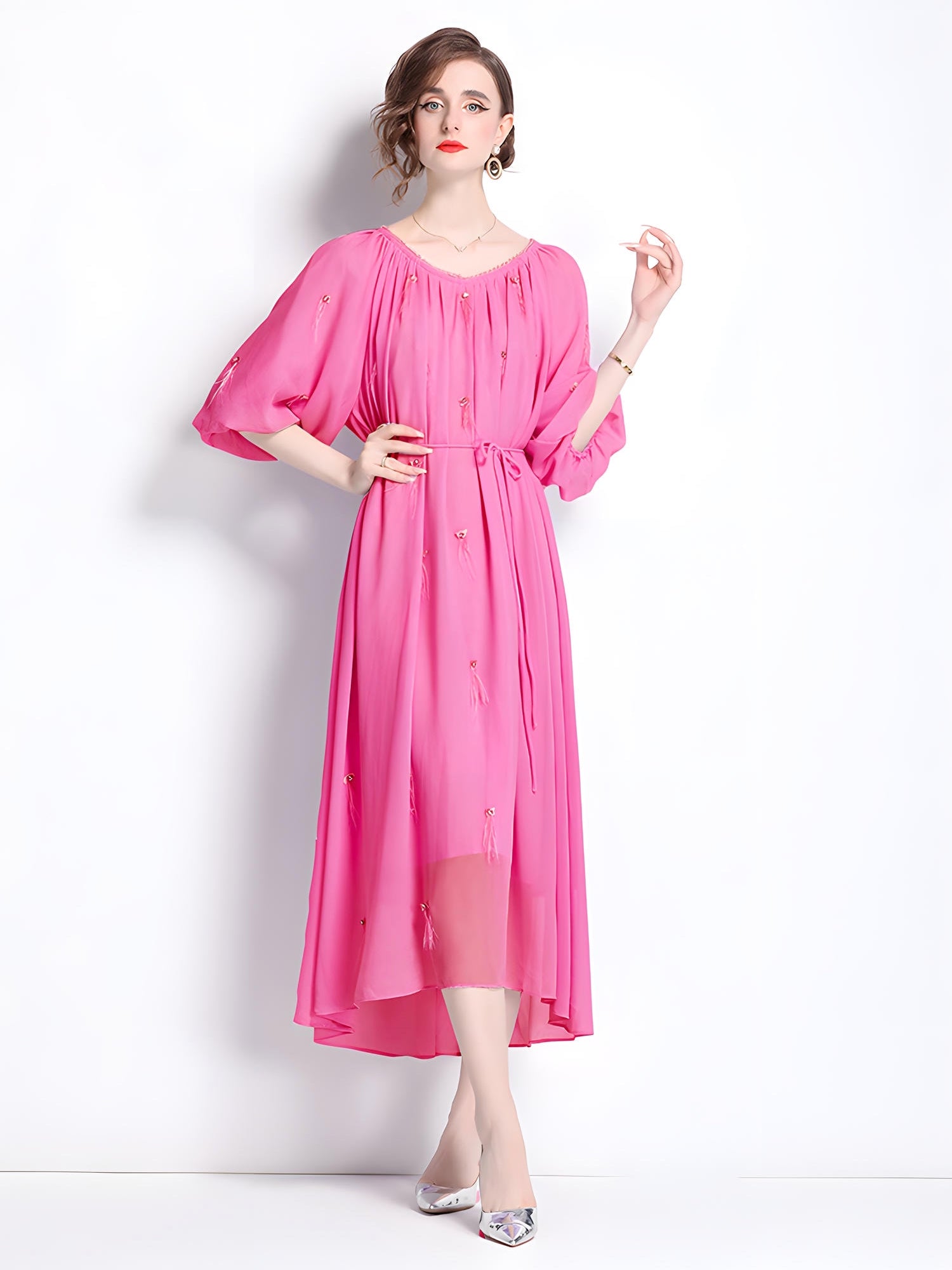 Tassel and Jewel Embellished Rose Red Chiffon Dress - 808431656493_ROS