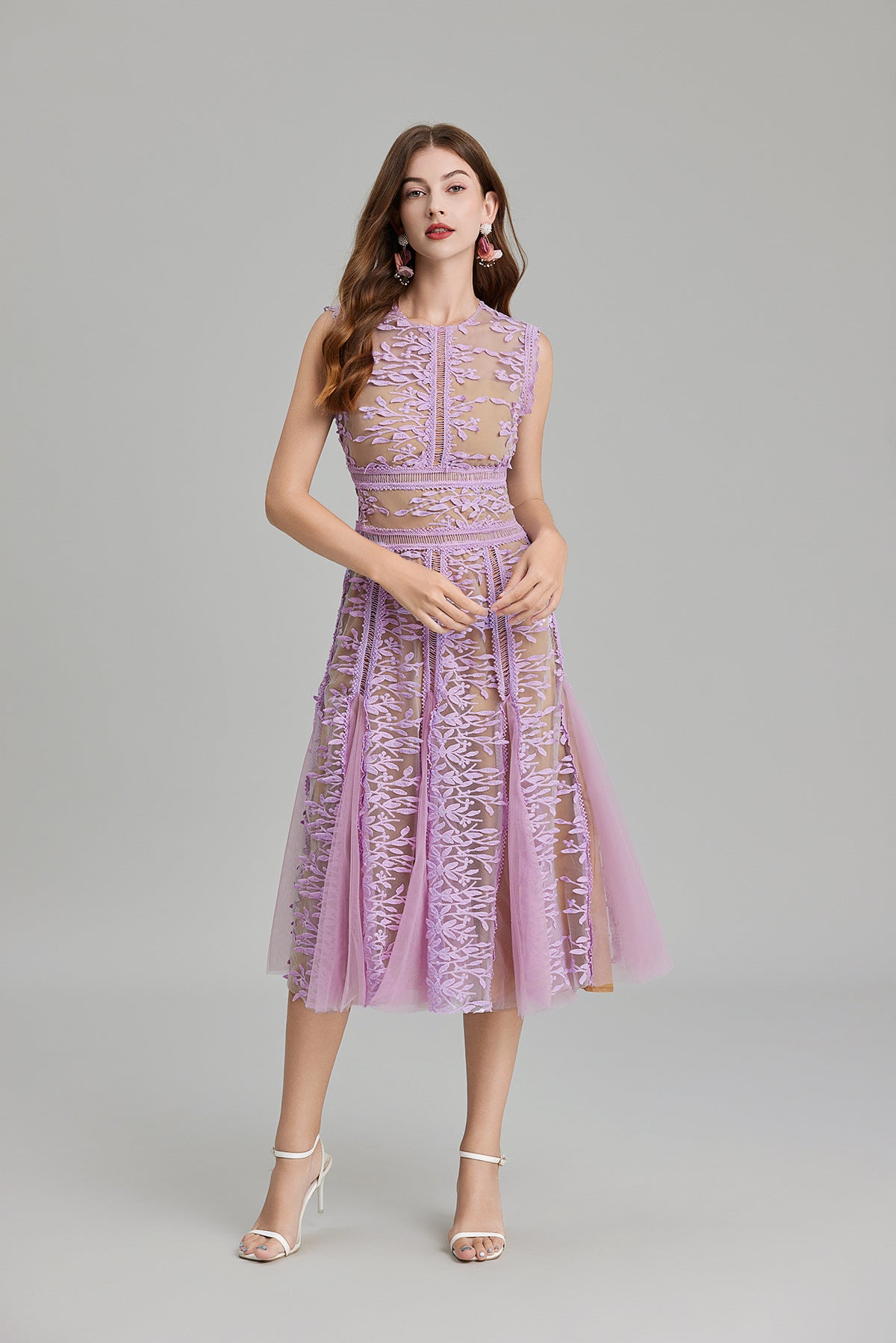 Lavender Mist Lace Flocked Midi Dress with Nude Lining - 823734853765_PUR