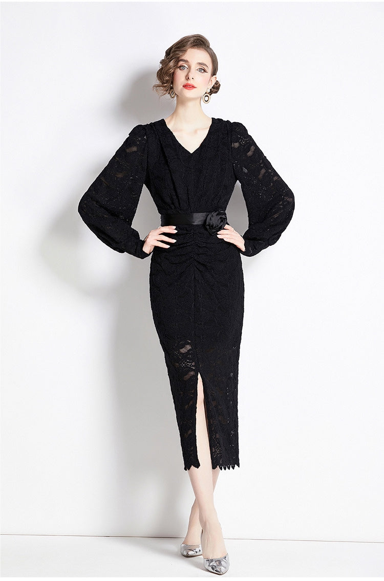 French Lace Long Sleeve V Neck Front Slit Body-fit Dress With Rose Belt - 750531237798_BLA
