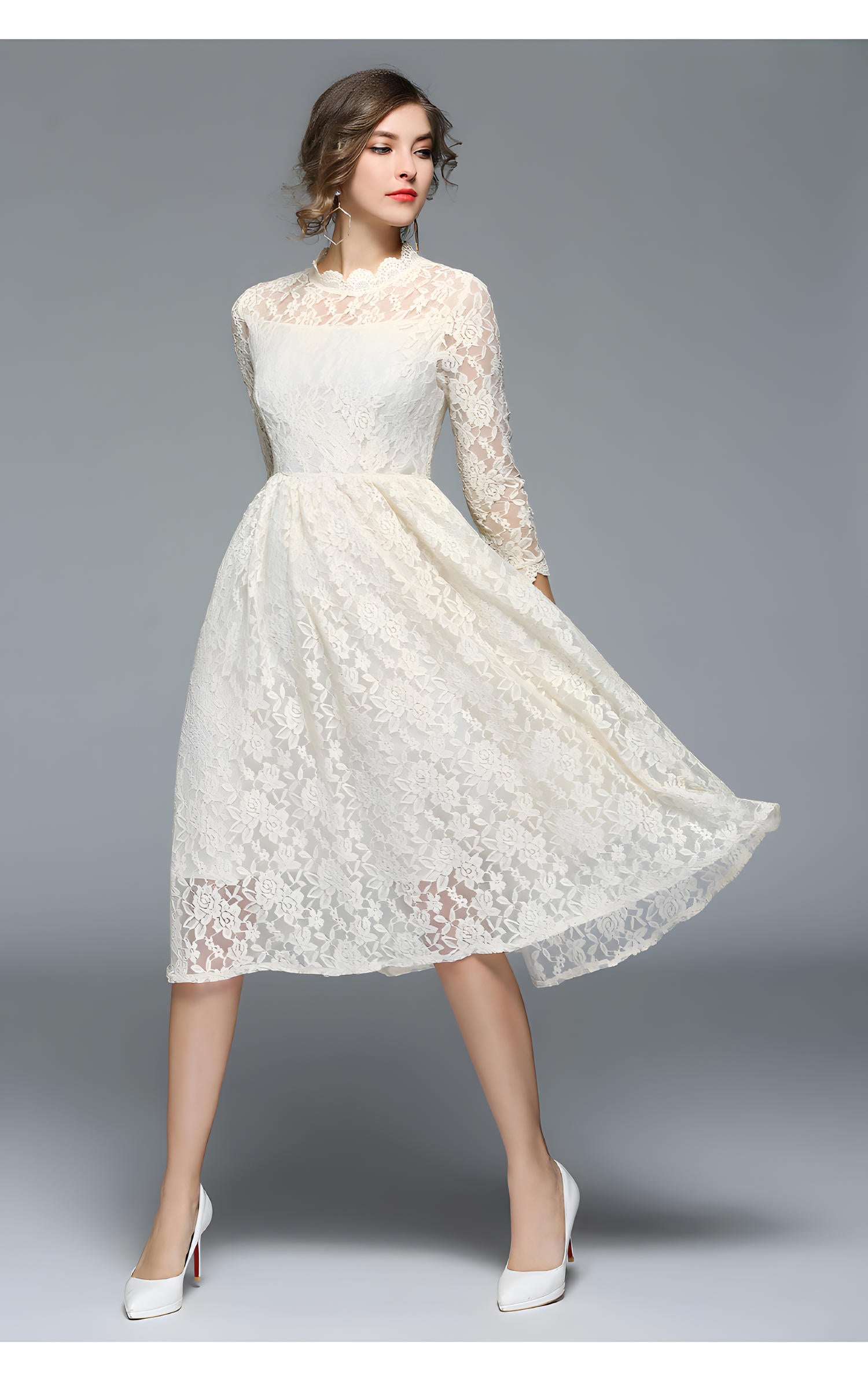 Luxury French Lace High Neck Retro White Dress - 752586637379
