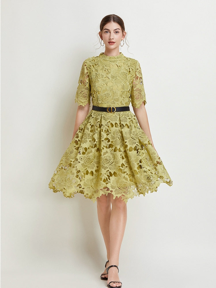 French Lace high Neck Short Dress With Belt - 812368811391_GRE