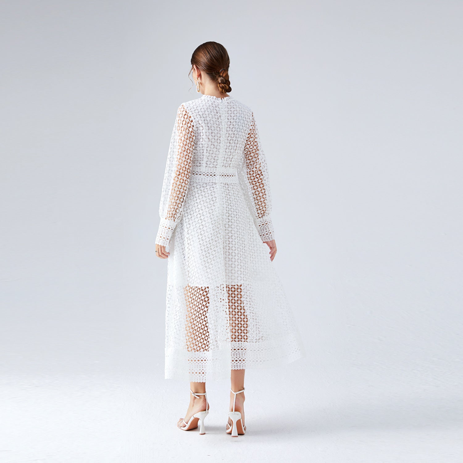 French Crochet Lace High Neck Lantern Sleeve White Dress - 735550461594_WHI