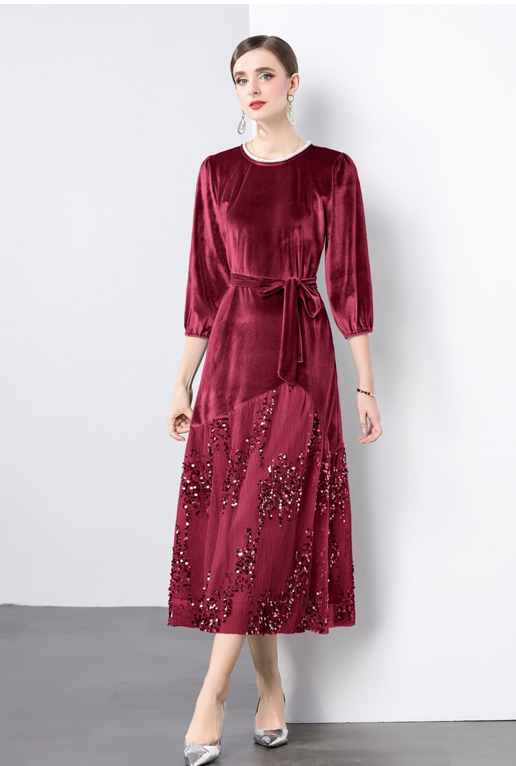 Velvet Mesh and Sequin Embellished Dress - 855932949530_CLARET