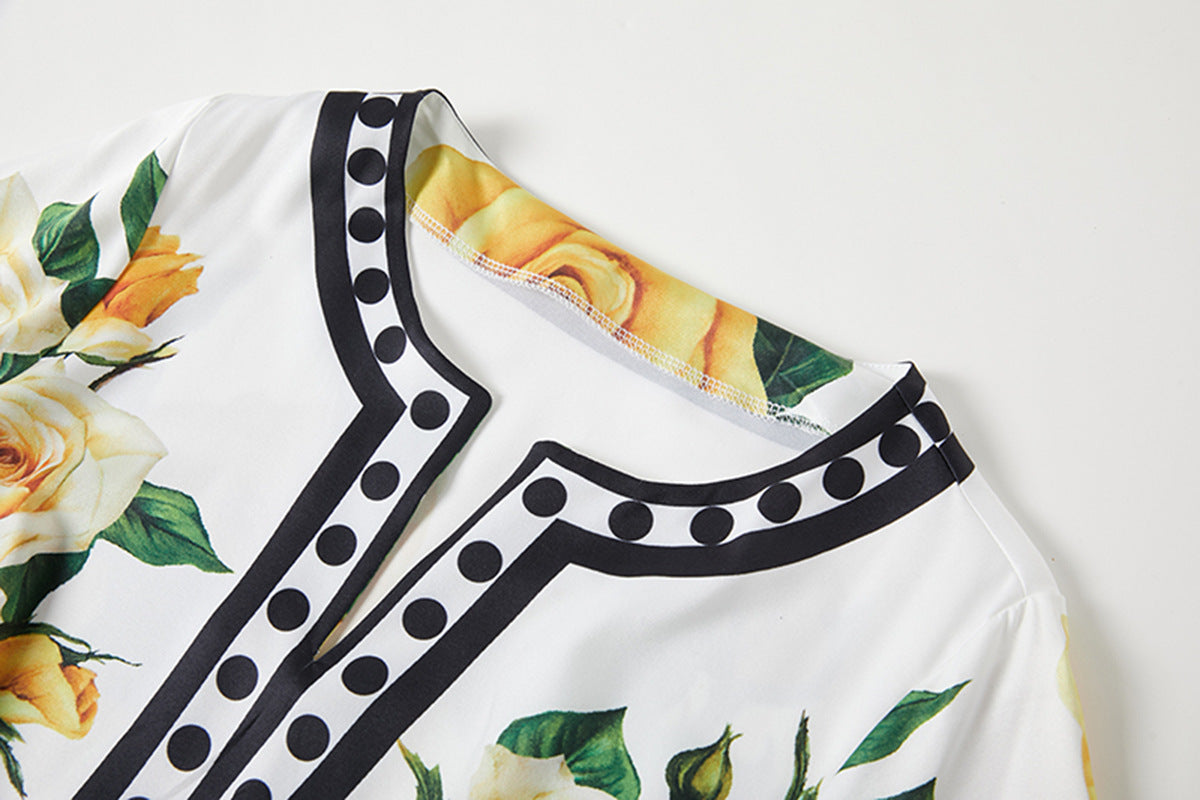 Golden Bloom Kaftan Black Dress with Vibrant Yellow Rose Floral Pattern - 818939592219_BLA