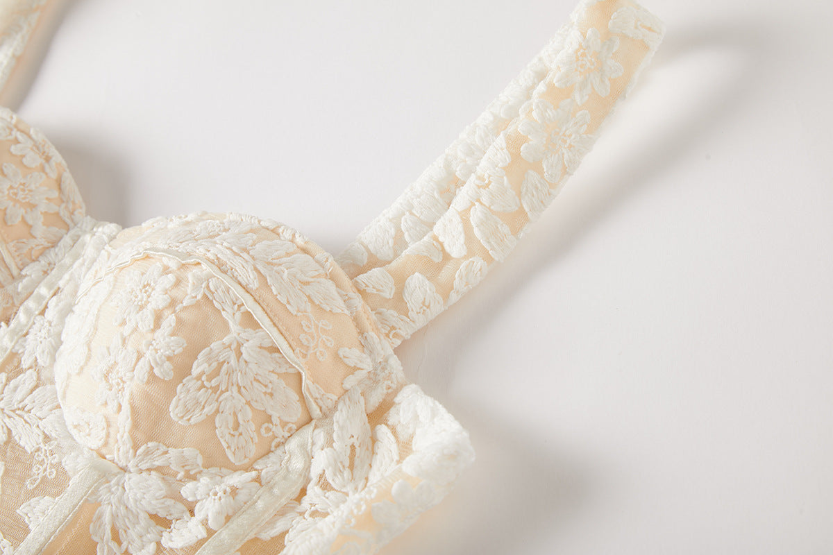 Ivory Lace Garden Dress with Heavy Embroidered Mesh Flocking and Corset Top - 821764686977_BEI (EOSS)