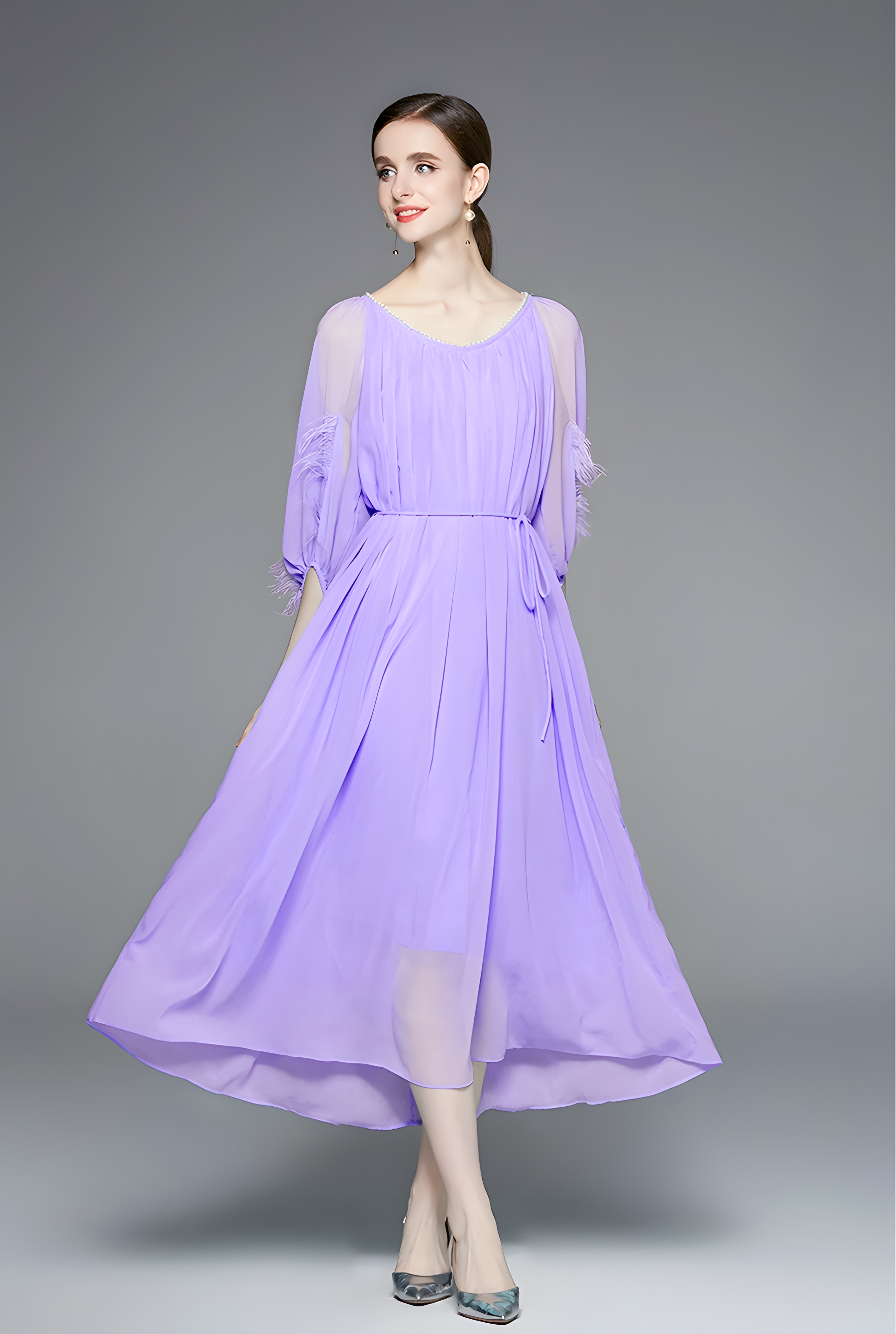 Lavender Dress with Feather-Embellished Sleeves and Pearl-Embellished Neckline - 800342769079_VIO