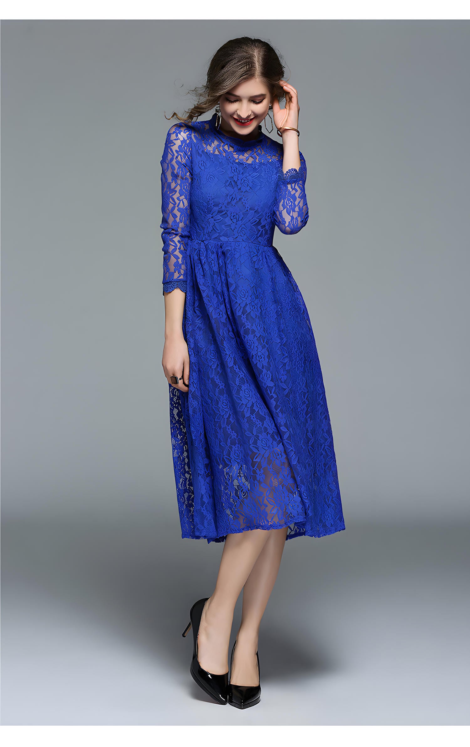 Luxury French Lace High Neck Retro Electric Blue Dress - 405#609 (EOSS)