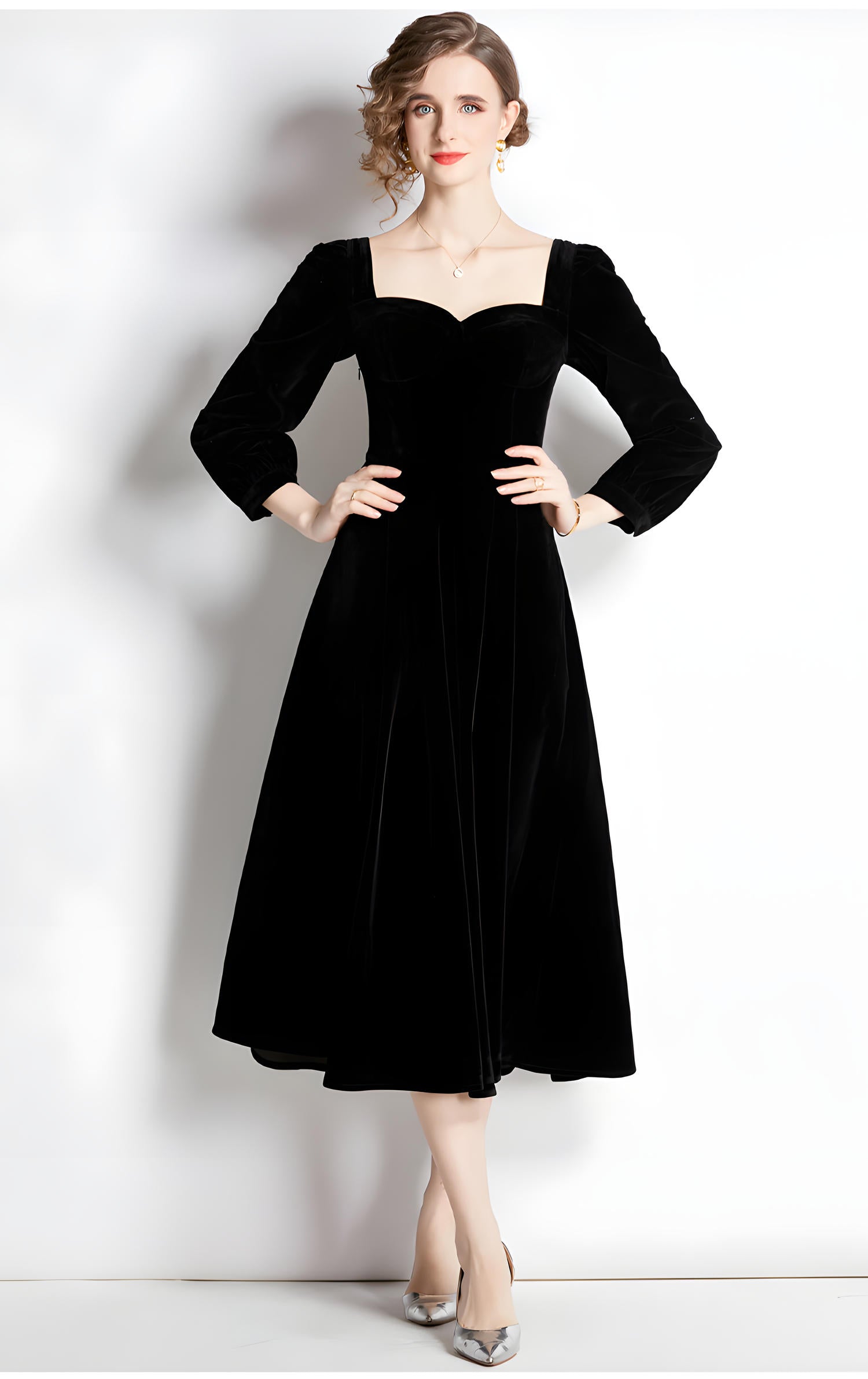 French Retro Sweetheart Neckline Corset Top Full Sleeves Pleated Skirt Velvet Black Dress - 687113837683_BLA