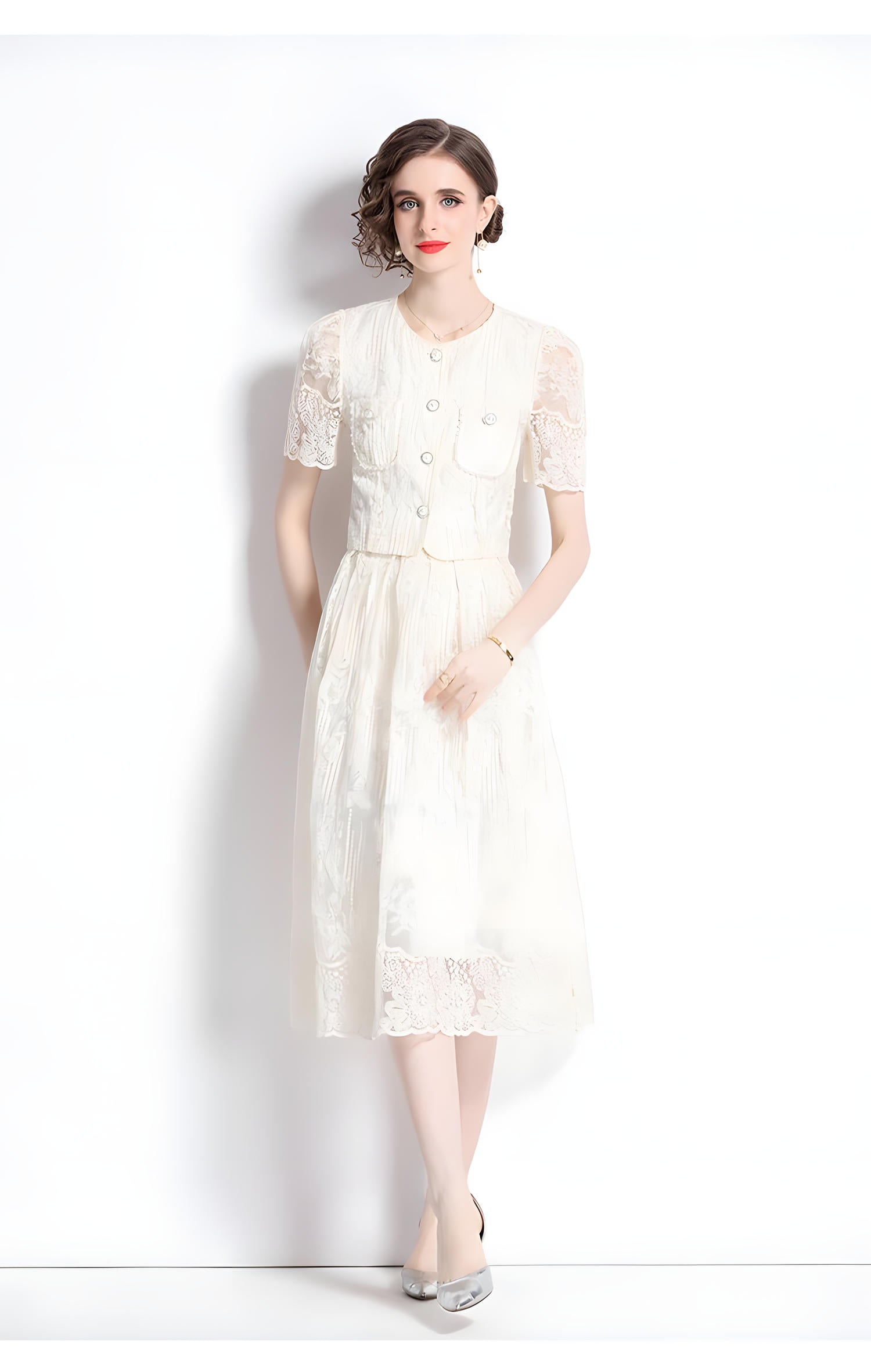Embroidered French Lace Single Breasted Blouse and Skirt Two Piece Set - 8562#607_WHITE
