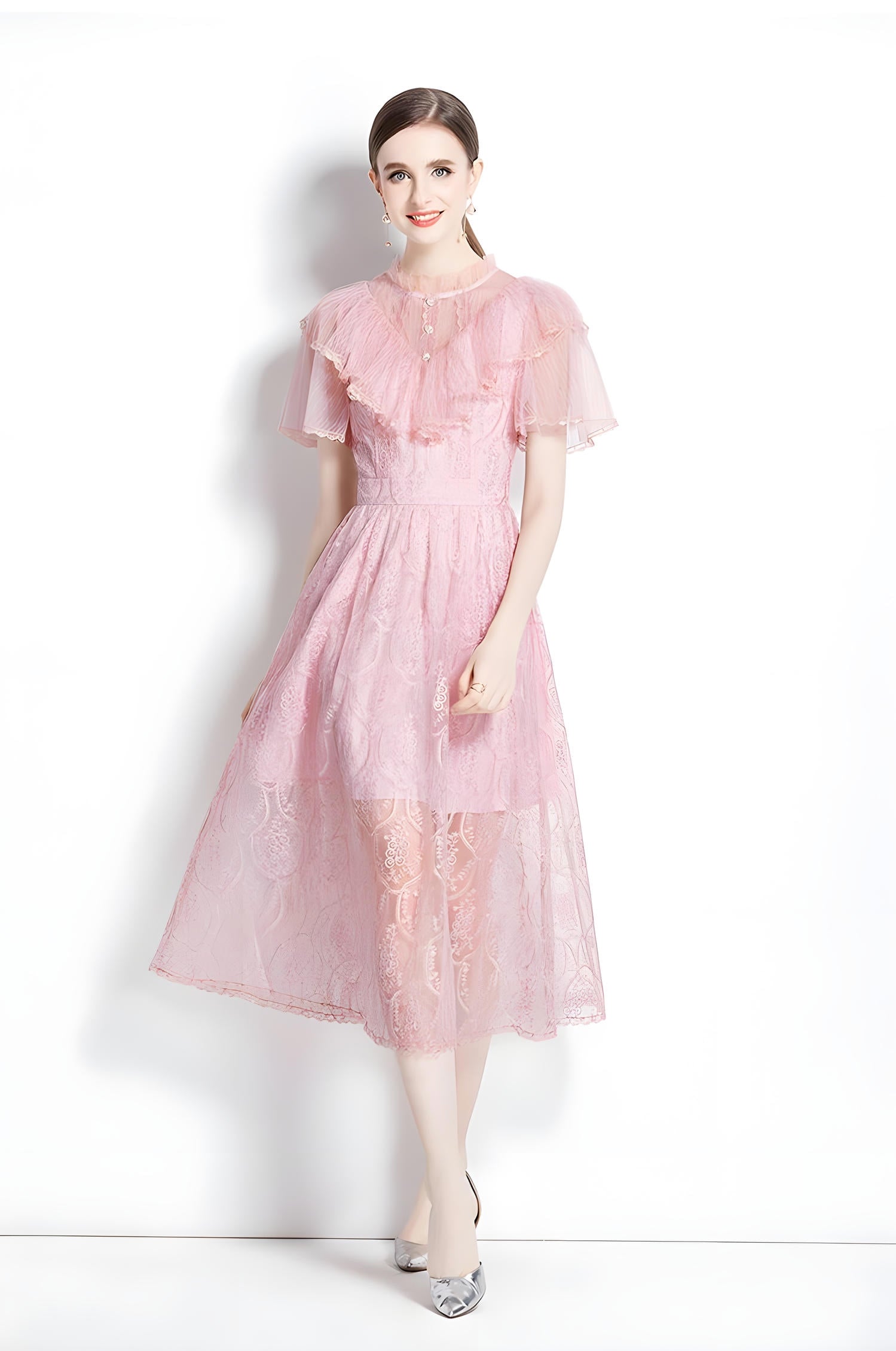 Embroidered French Lace Ruffled Vest High Neck Soft Pink Neck Dress - 728916375940_BAS