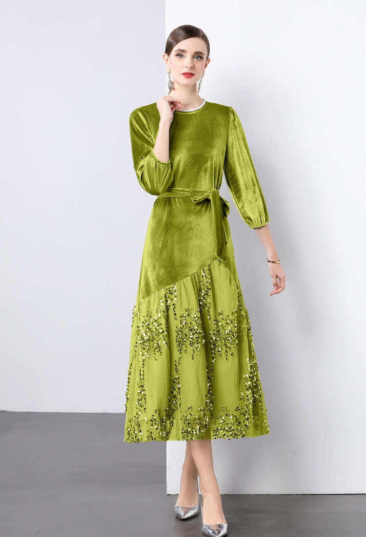 Velvet Mesh and Sequin Embellished Dress - 855932949530_GREEN