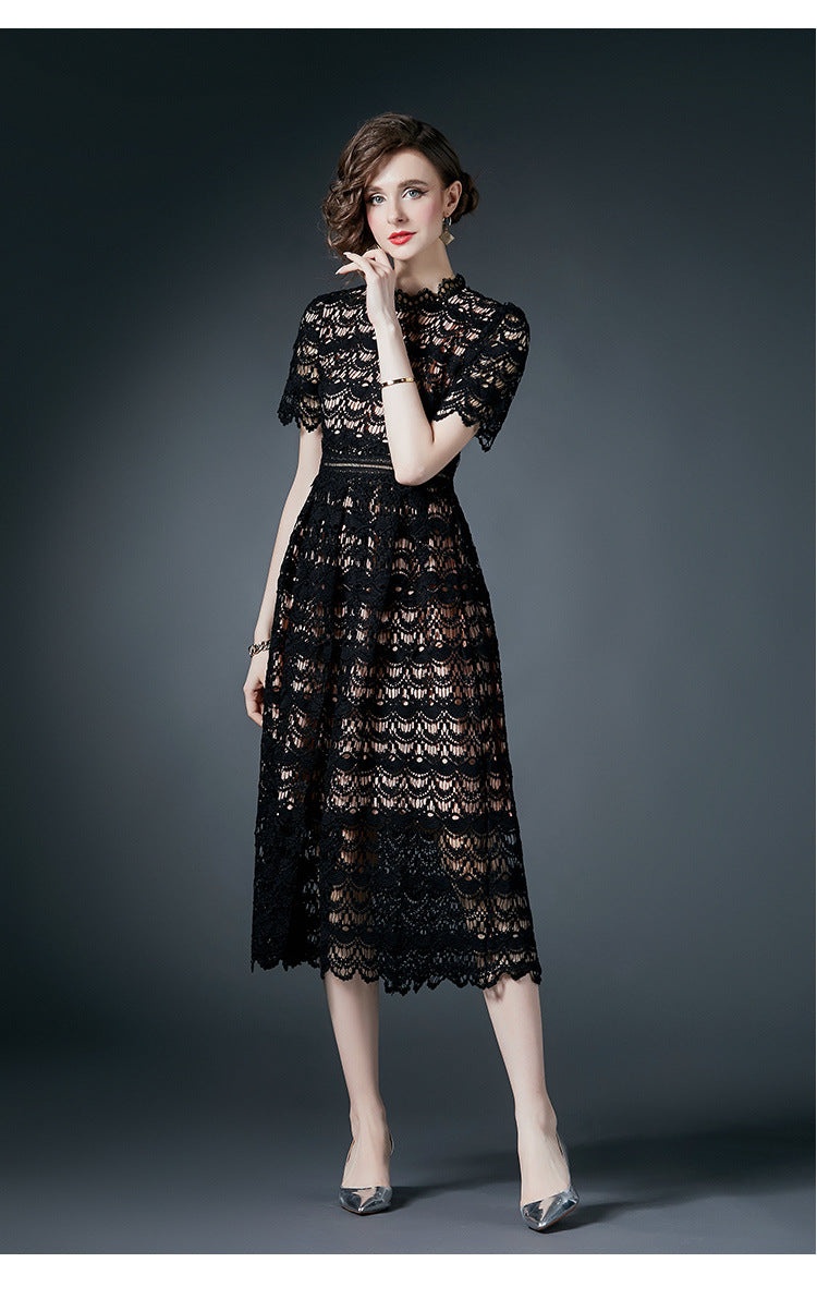 French Crocheted Lace Round Neck A - Line Black Dress - 780697439219