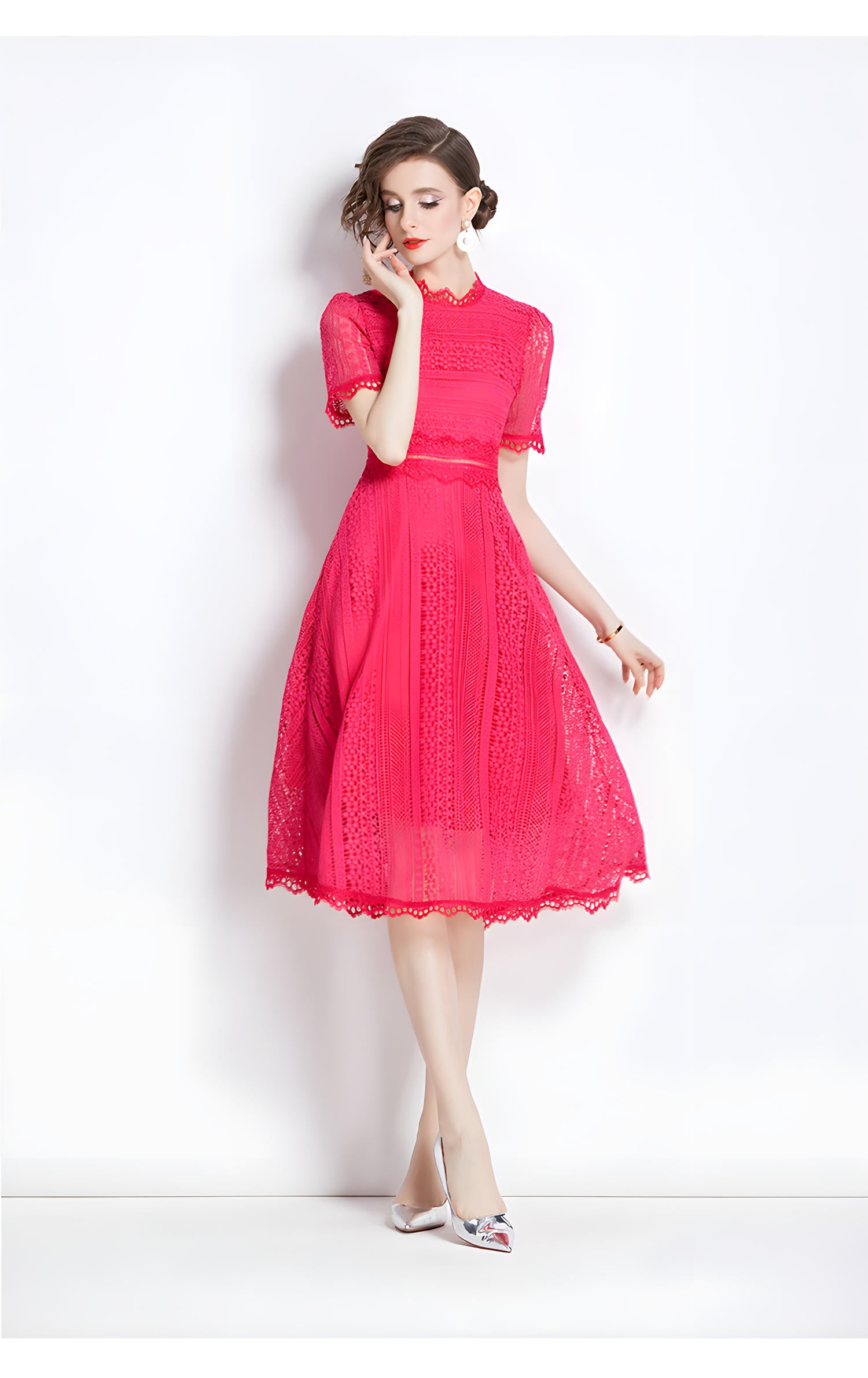Luxury French Lace Jewel Neck Rose Red Dress - 533#609_ROS