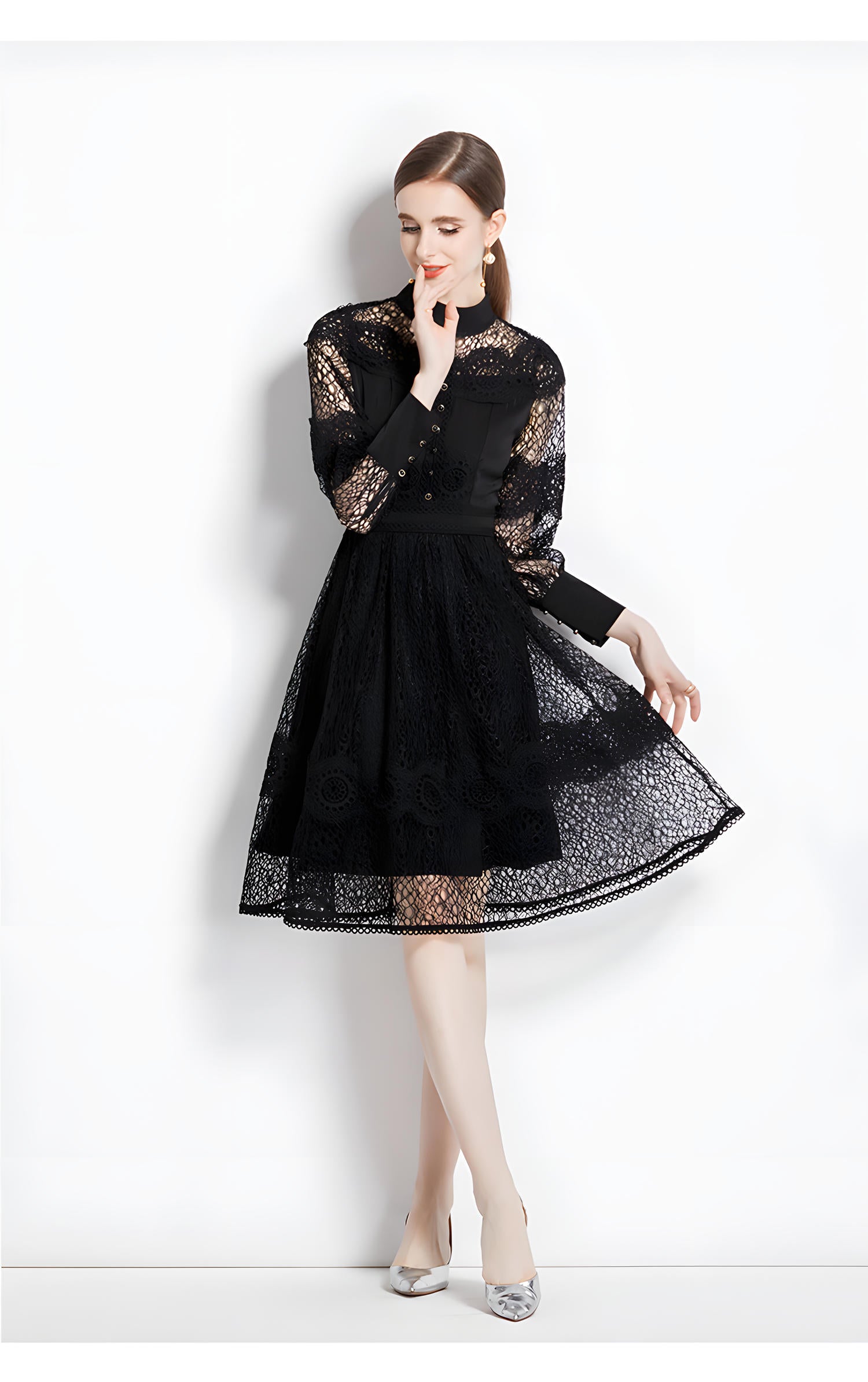 Luxury French Lace High Neck Retro Short Dress - 734561838831