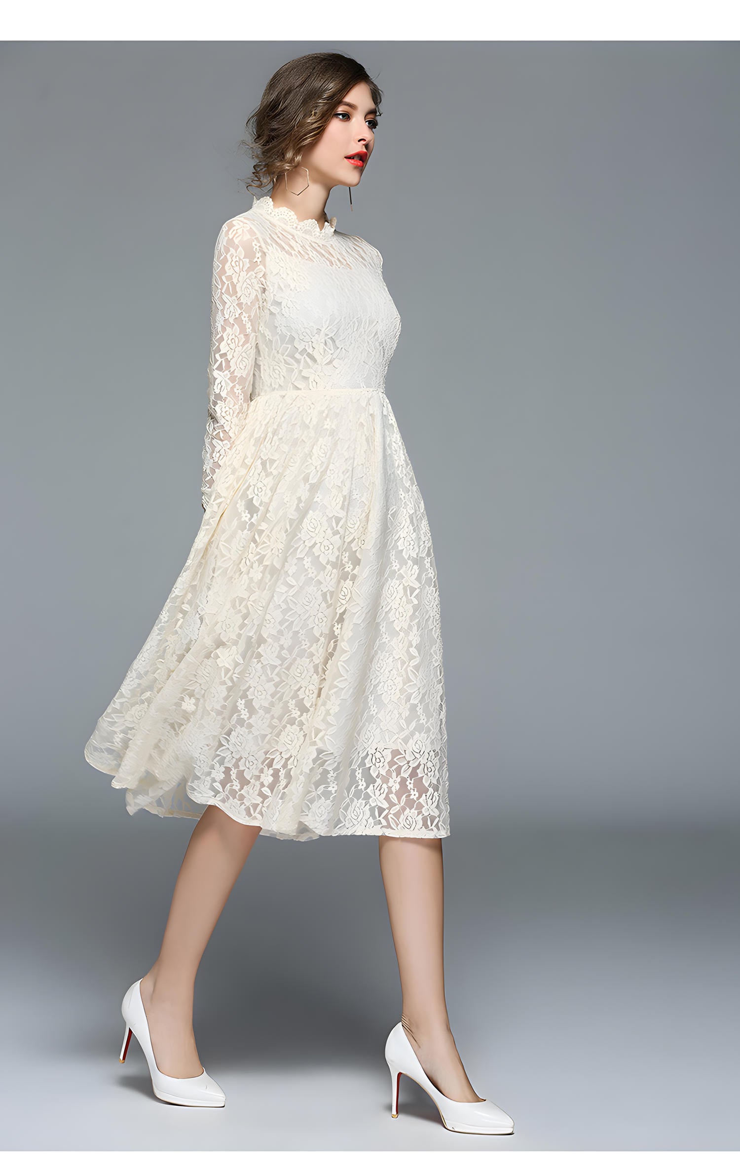 Luxury French Lace High Neck Retro White Dress - 752586637379