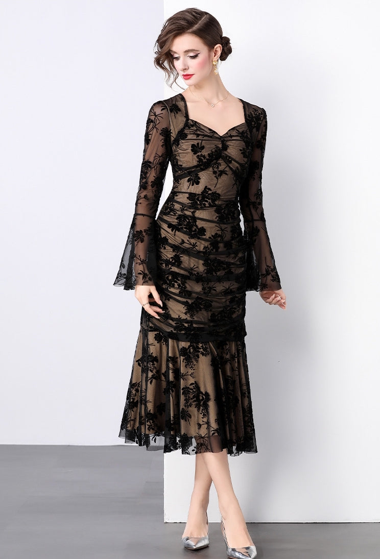 Fishtail Body-fit Ruched Full Sleeve Khaki Dress - 847852554211_BLACK