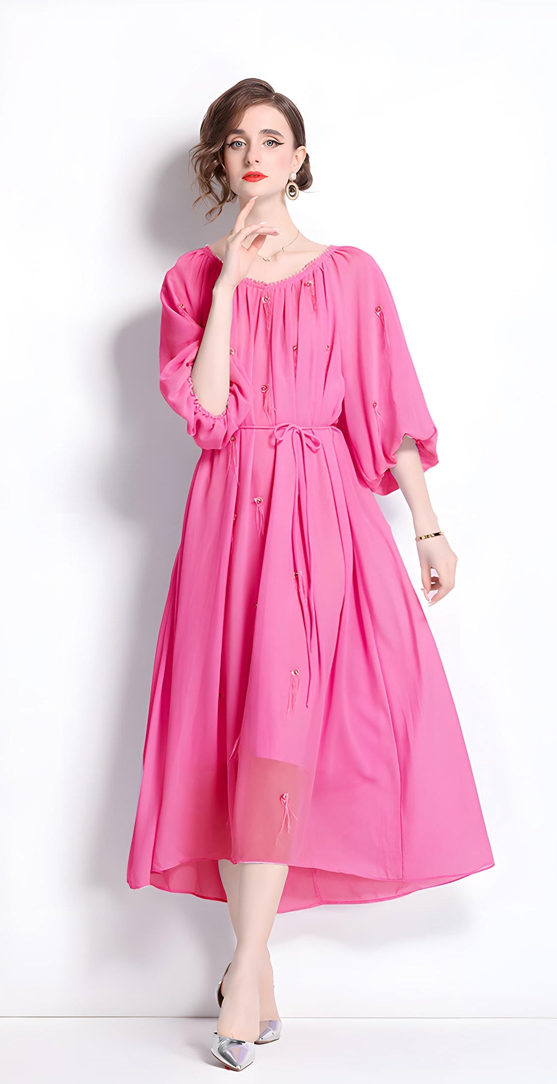 Tassel and Jewel Embellished Rose Red Chiffon Dress - 808431656493_ROS