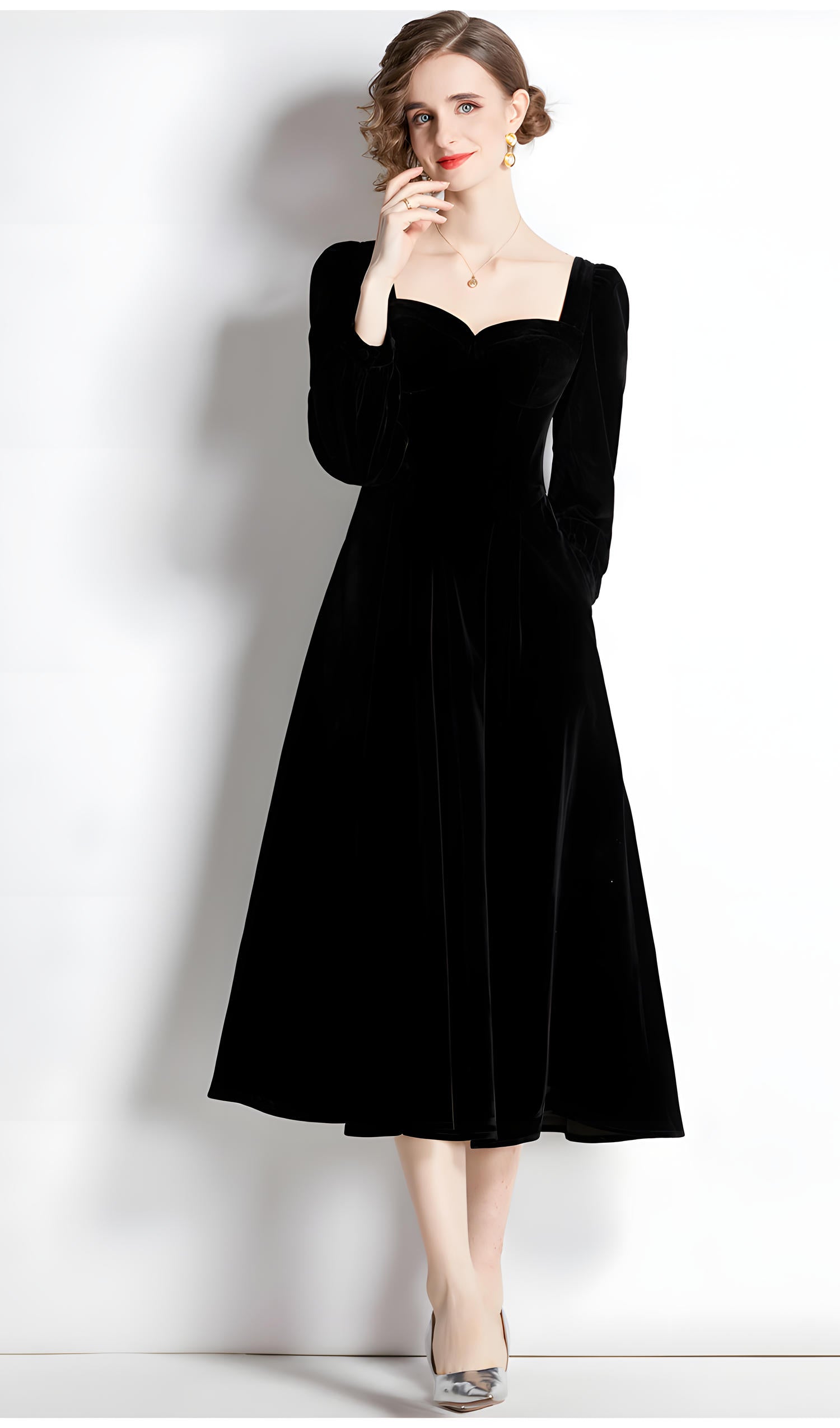 French Retro Sweetheart Neckline Corset Top Full Sleeves Pleated Skirt Velvet Black Dress - 687113837683_BLA