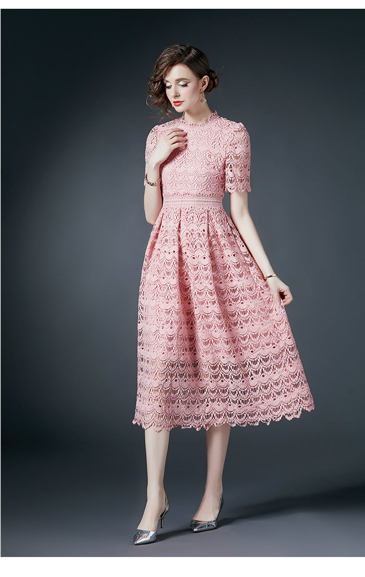 French Crocheted Lace Round Neck A - Line Pink Dress - 780758588212