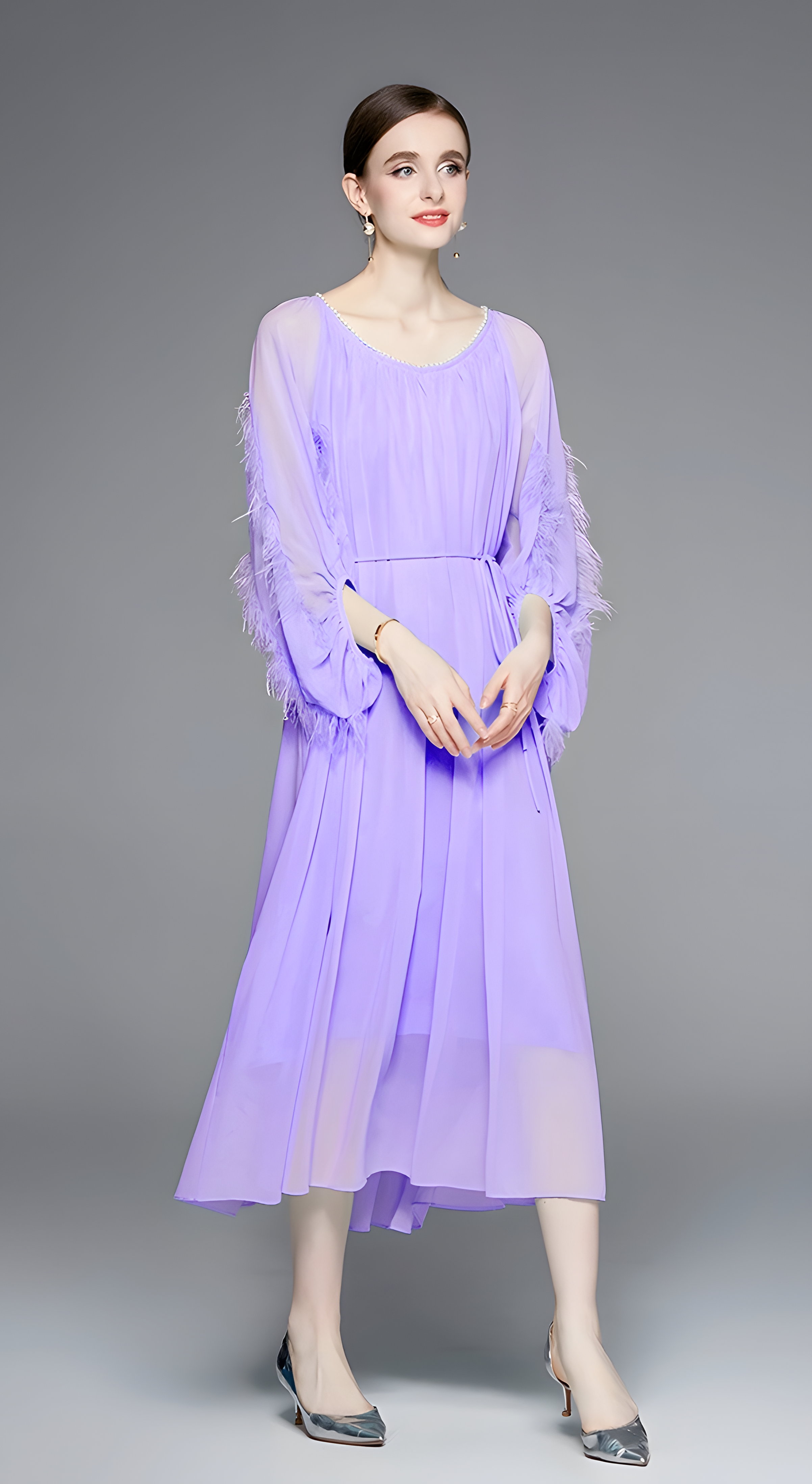 Lavender Dress with Feather-Embellished Sleeves and Pearl-Embellished Neckline - 800342769079_VIO
