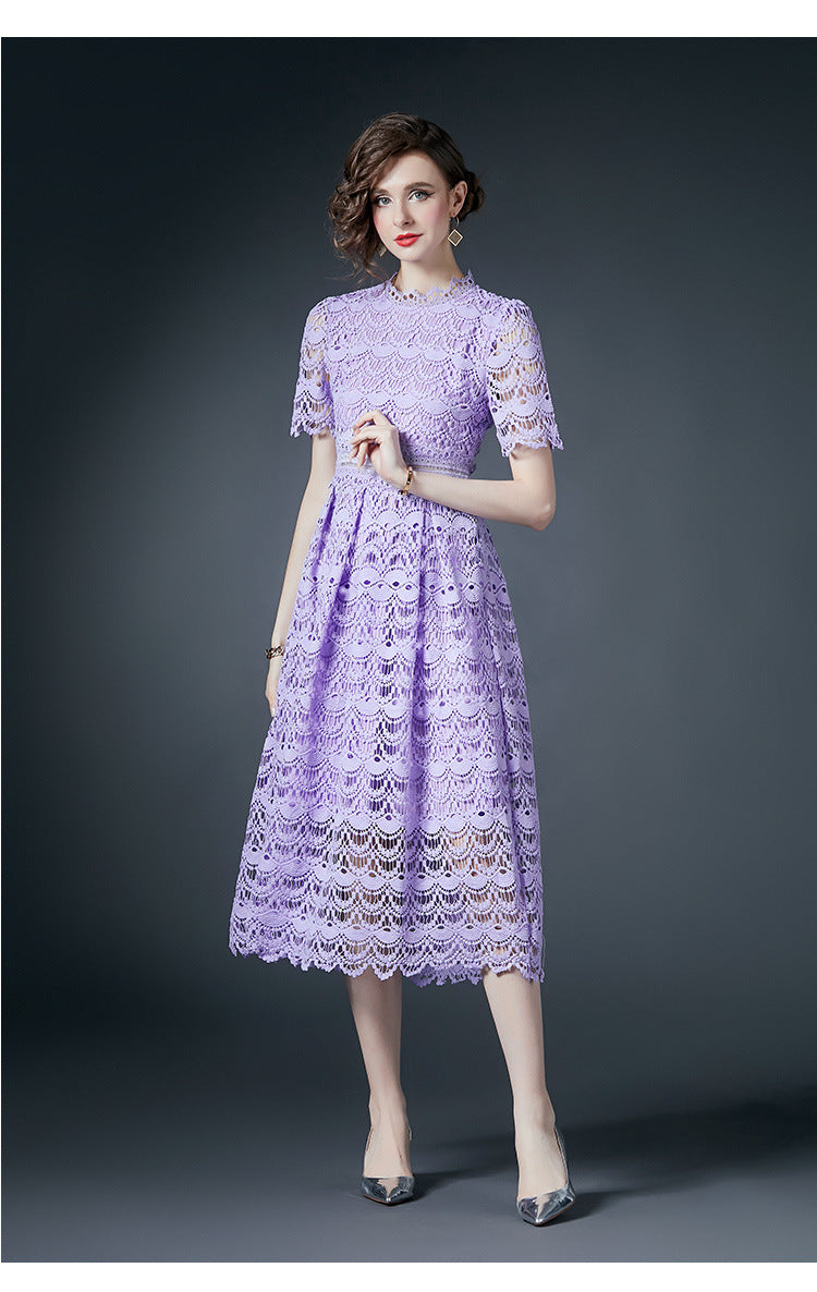 French Crocheted Lace Round Neck A - Line Lavender Dress - 780762721926