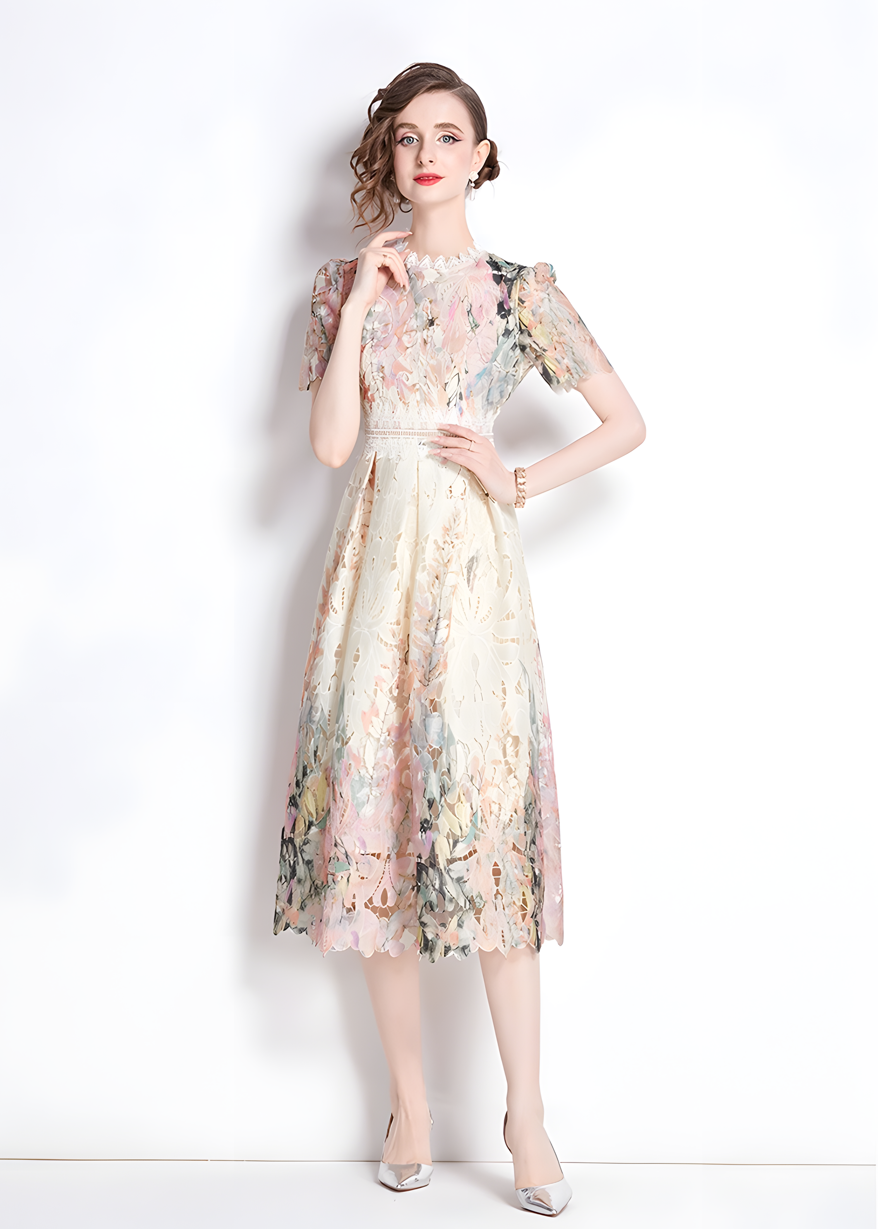 French Printed Flower Lace Jewel Neckline Retro Dress - 795247212577_BAS