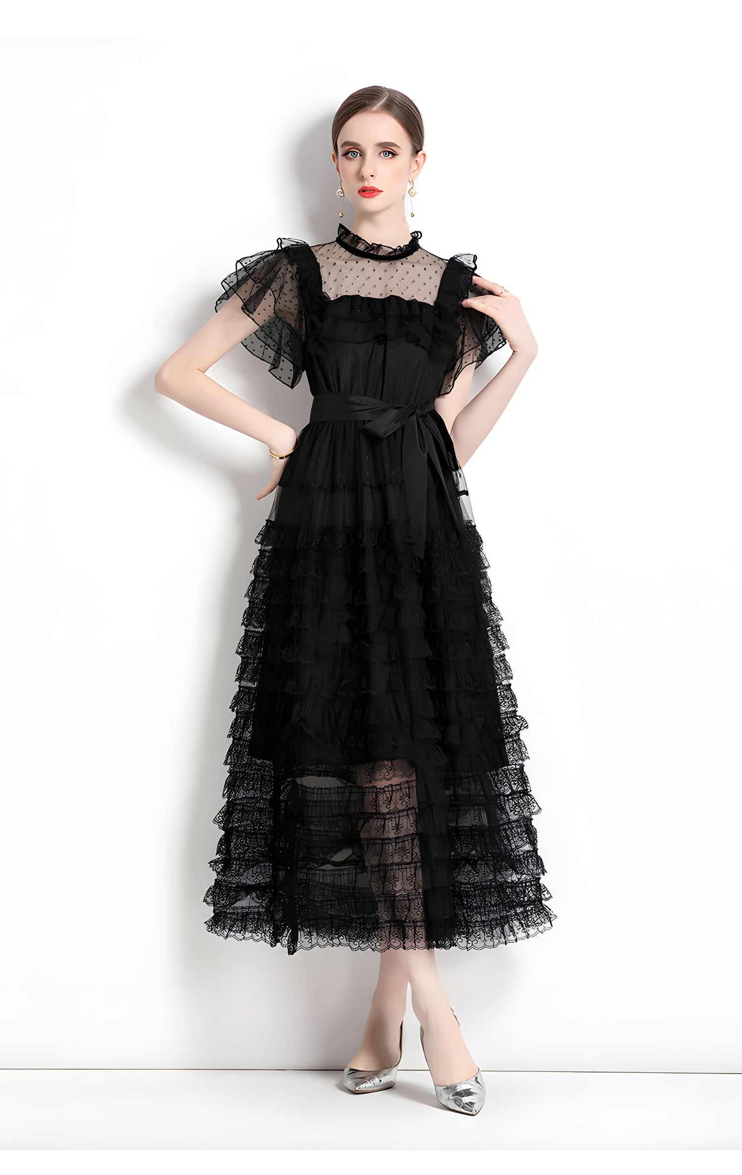 High Neck Polka Dot Mesh Multitier Skirt Elasticated Waist Butterfly Sleeve Black Dress With Satin Belt - 716644450507_BAS