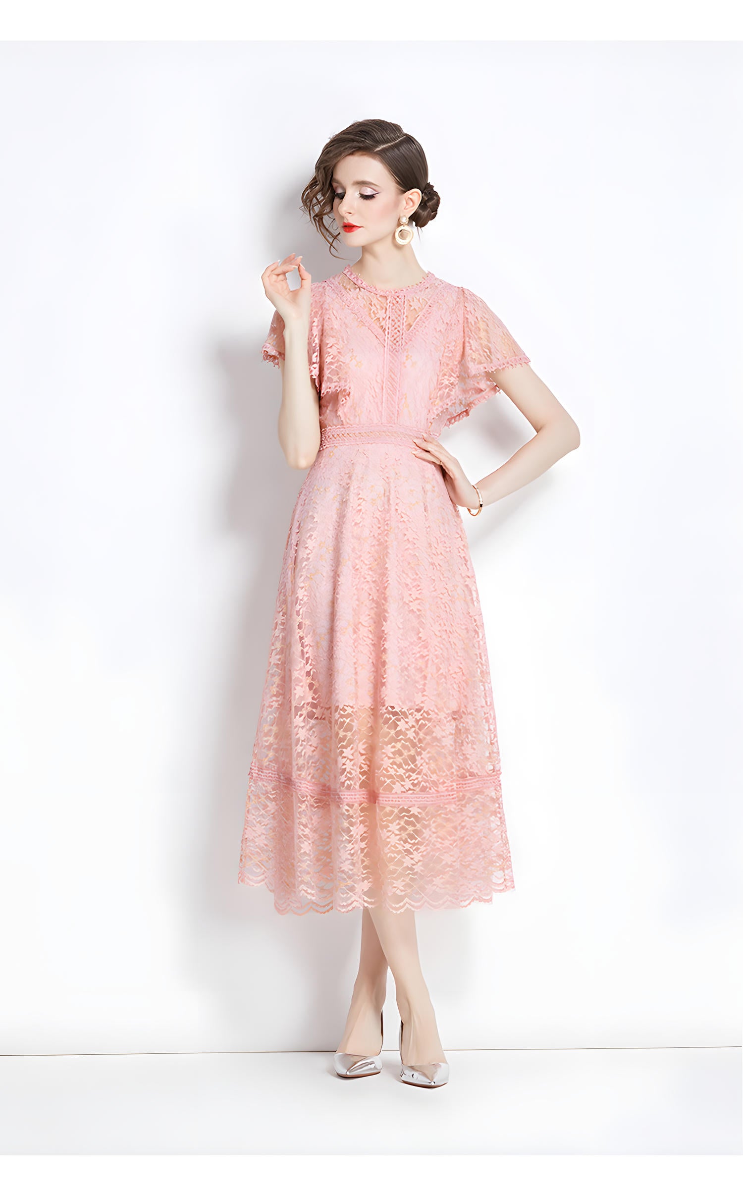 Luxury French Lace Round Neck Butterfly Sleeve Pink Dress - 787276650812