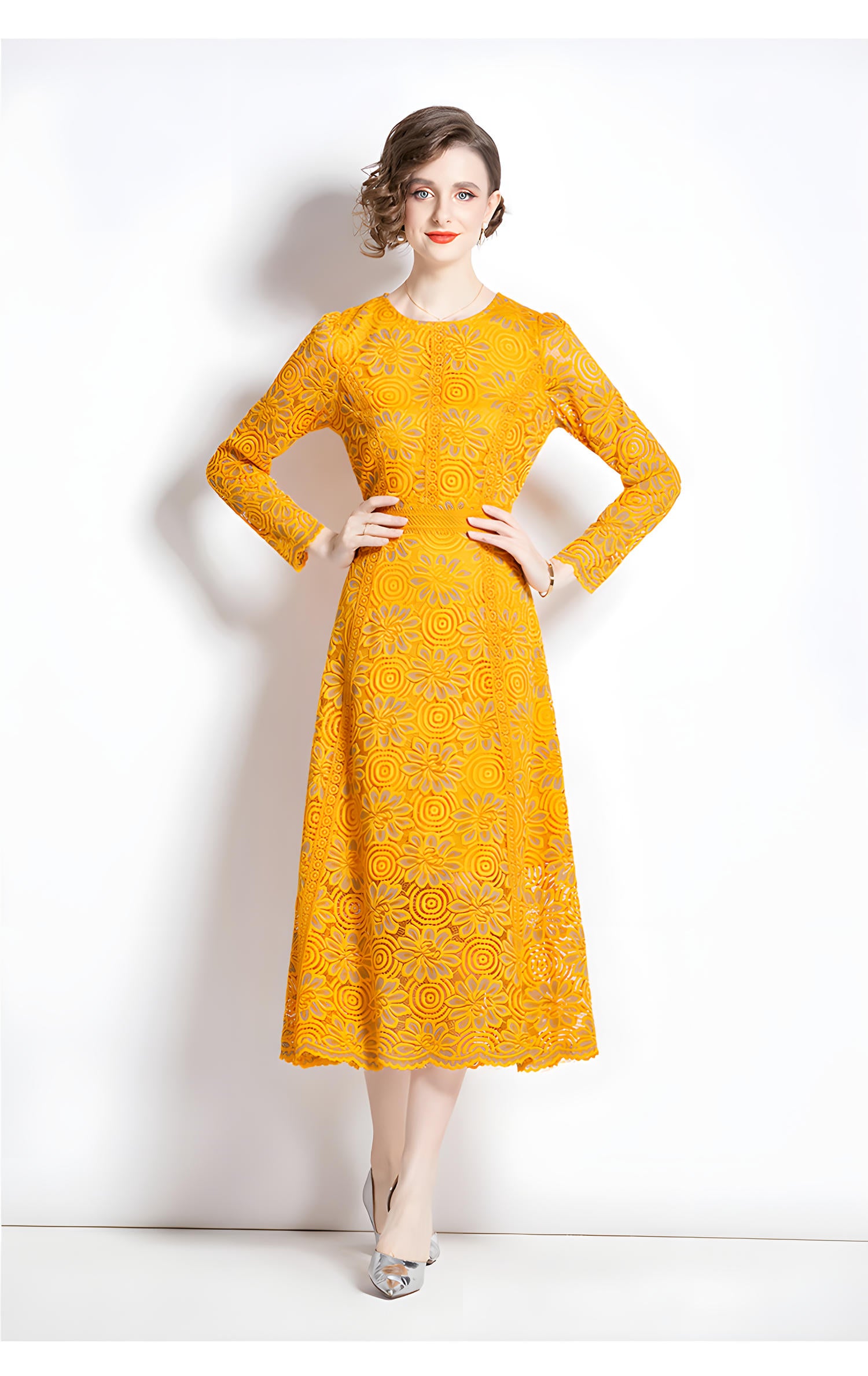 Luxury French Lace Full Sleeve Round Neck Long Dress - 6938#607_YELLOW