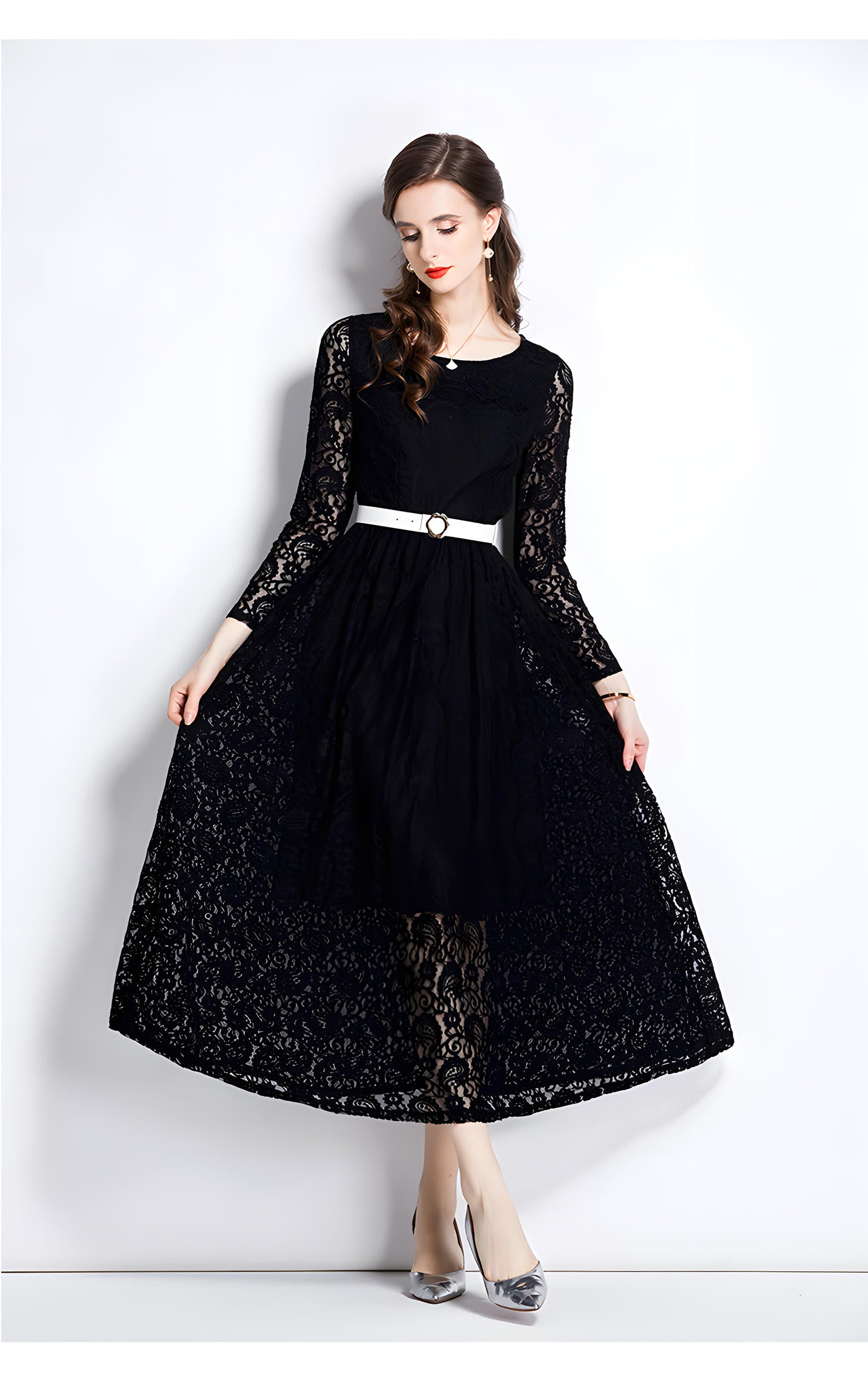 French Lace Long Sleeve Round Neck Long Dress With Belt - 751304773250