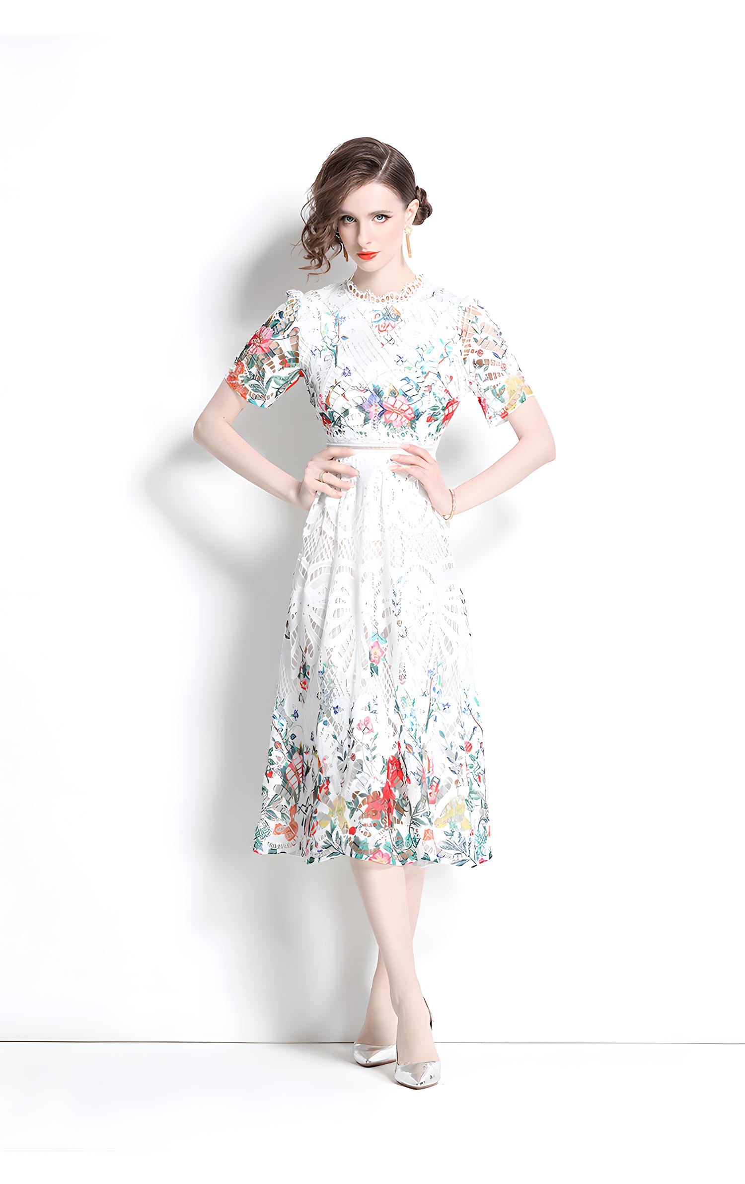 Printed Flower French Lace Jewel Neckline Dress - 802164123981_BAS