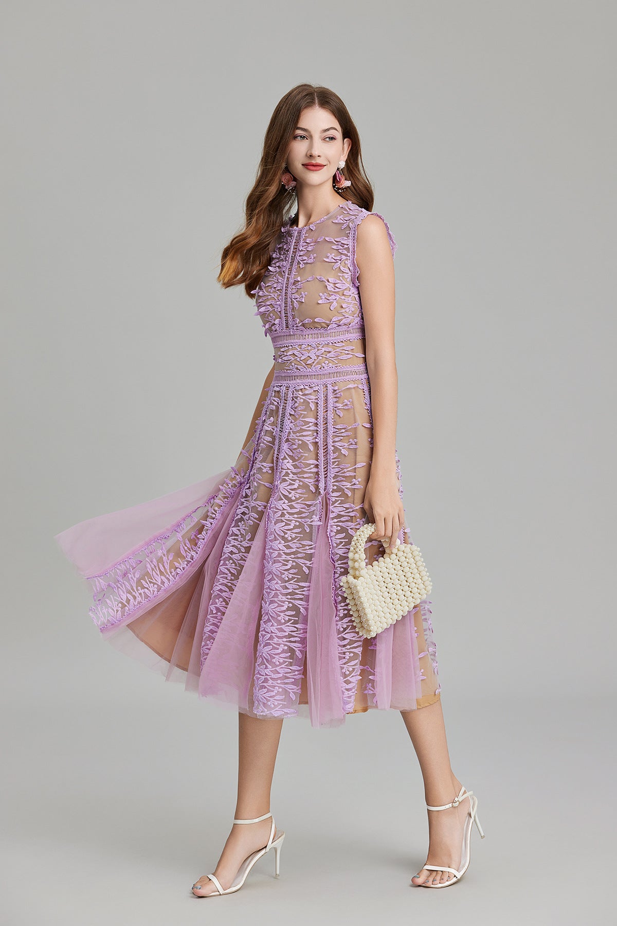 Lavender Mist Lace Flocked Midi Dress with Nude Lining - 823734853765_PUR