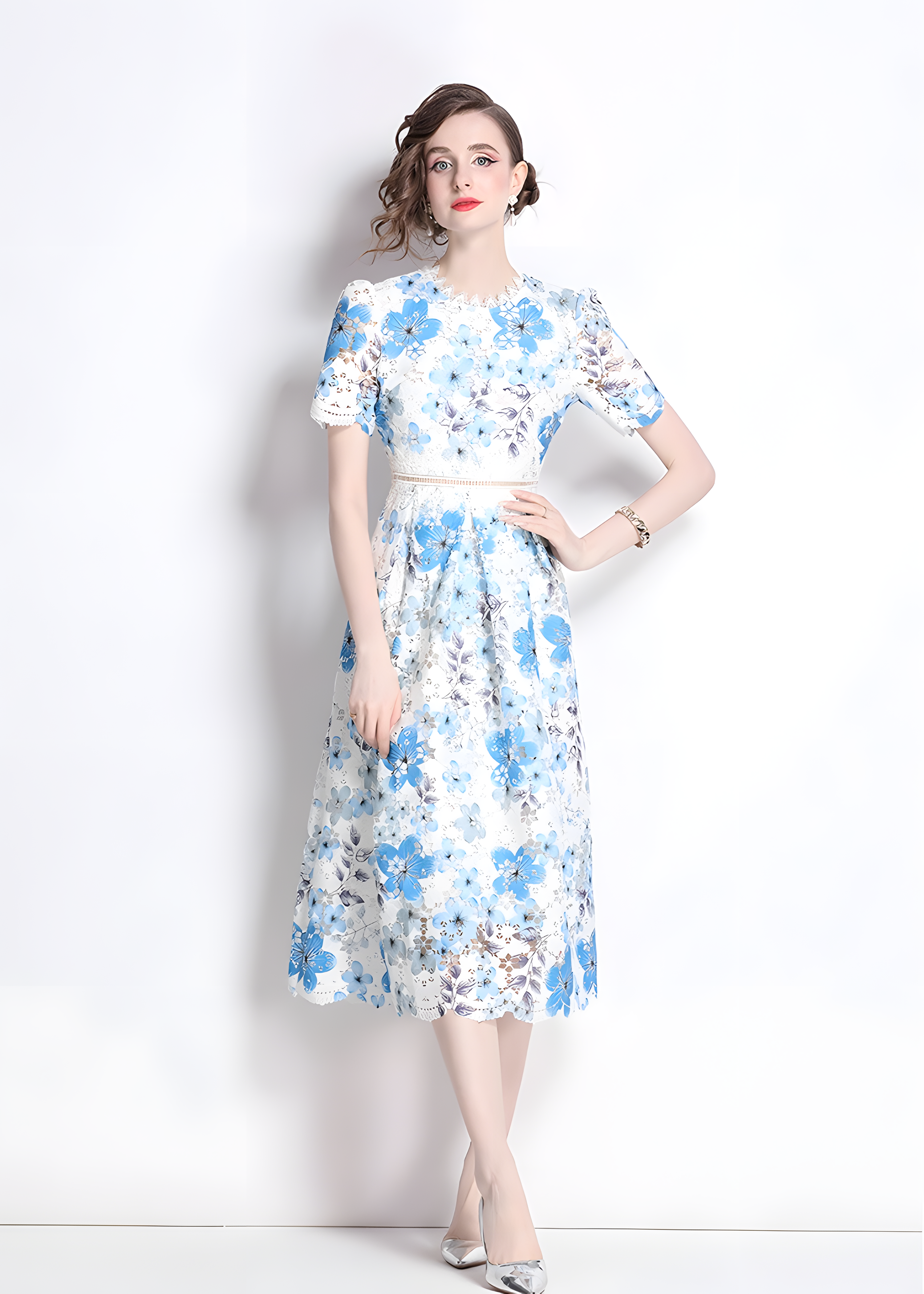 French Printed Flower Lace Jewel Neckline Retro Dress - 795245132736_BAS