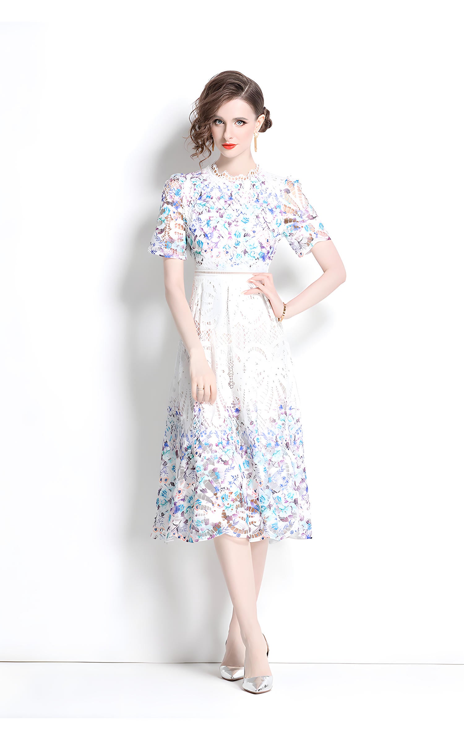 Printed Flower French Lace Jewel Neckline Dress - 800142260923_BAS