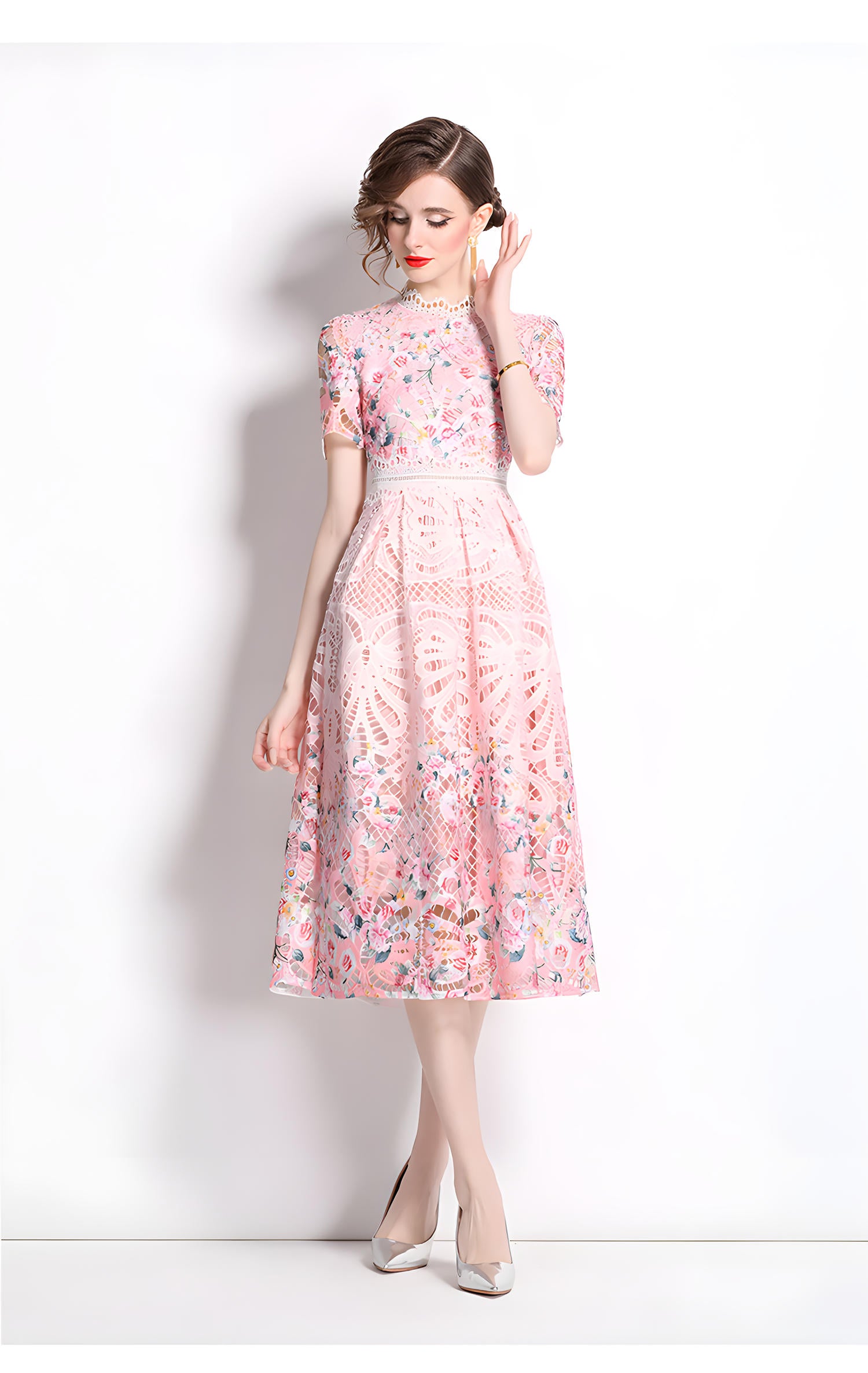 Printed Flower French Lace Jewel Neckline Dress - 802268282091_BAS