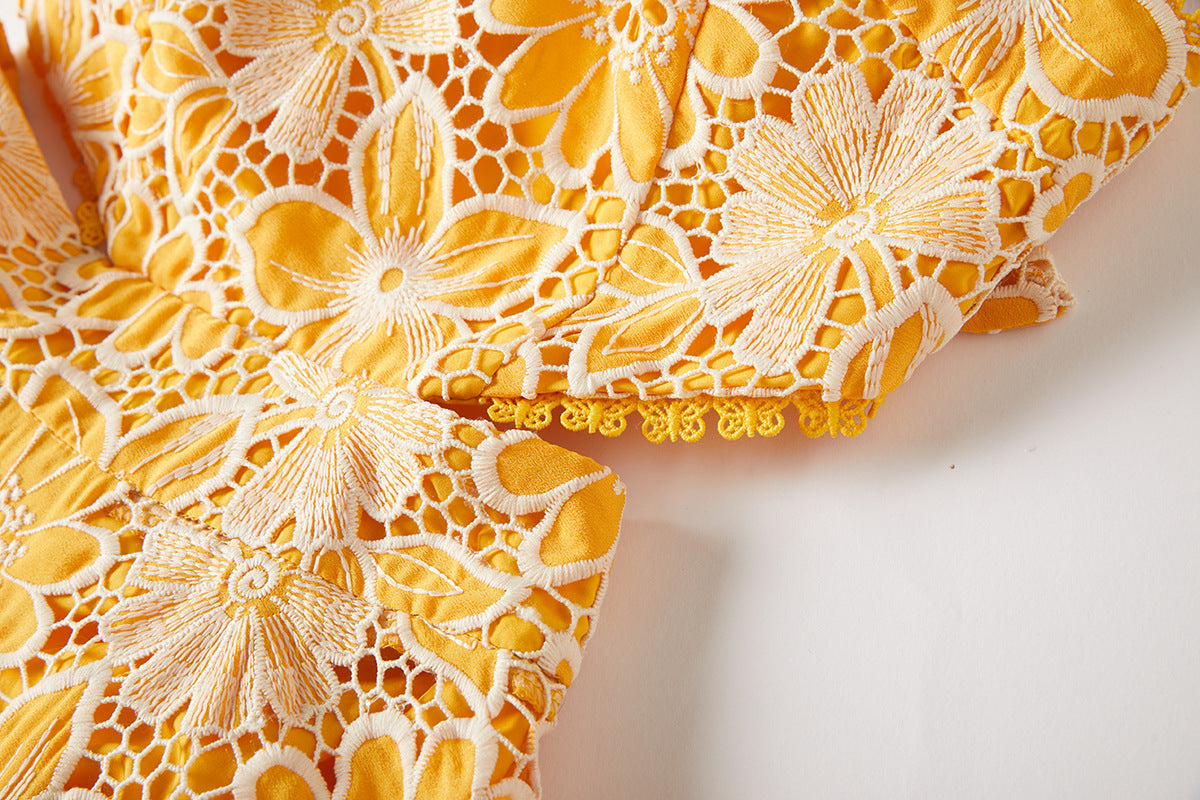 Luxury French Lace Halter Neck Holiday Breeze Black Dress - 829851111269_YEL