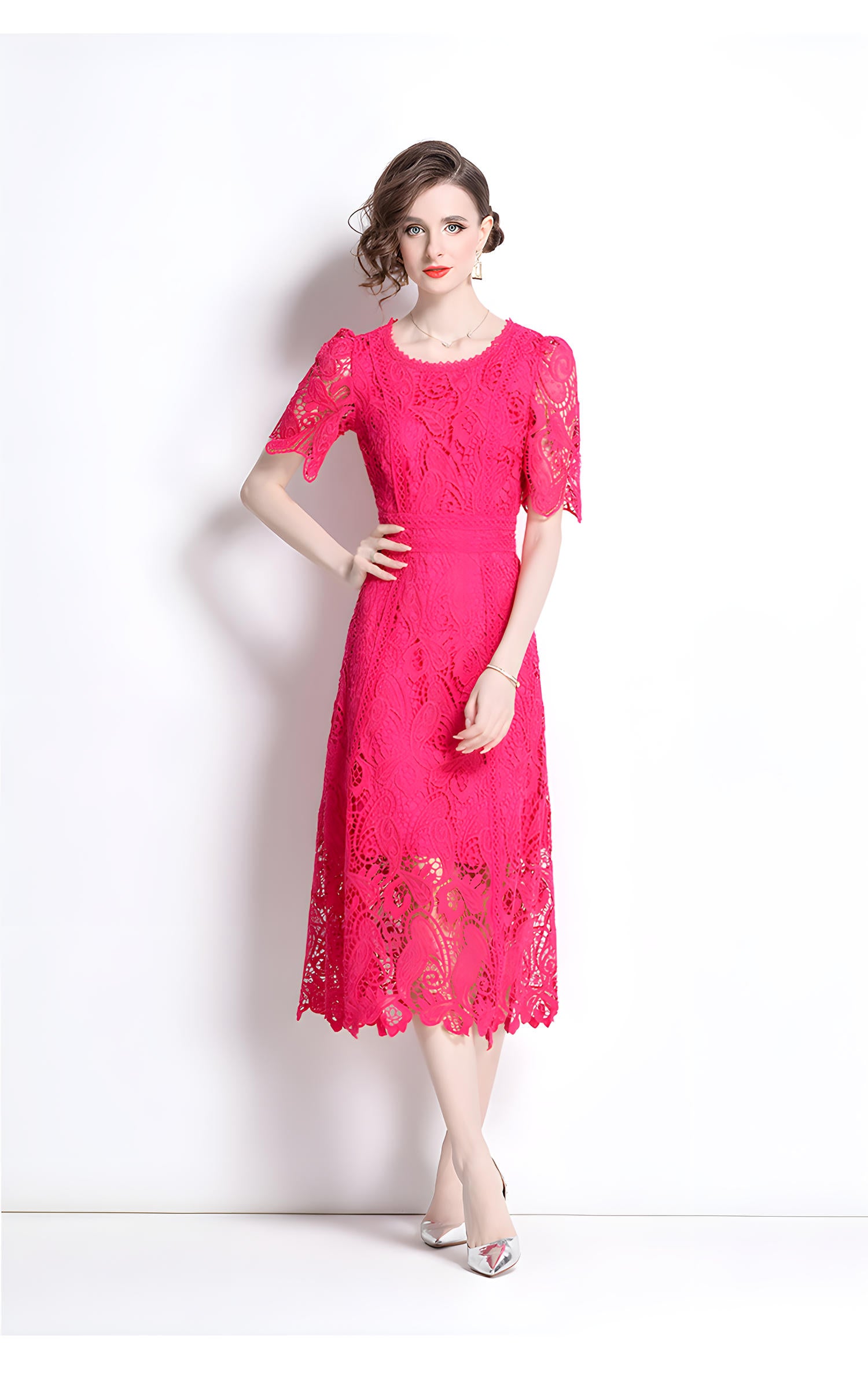 Crew Neck French Lace Rose Red Dress - 799906103340_BAS