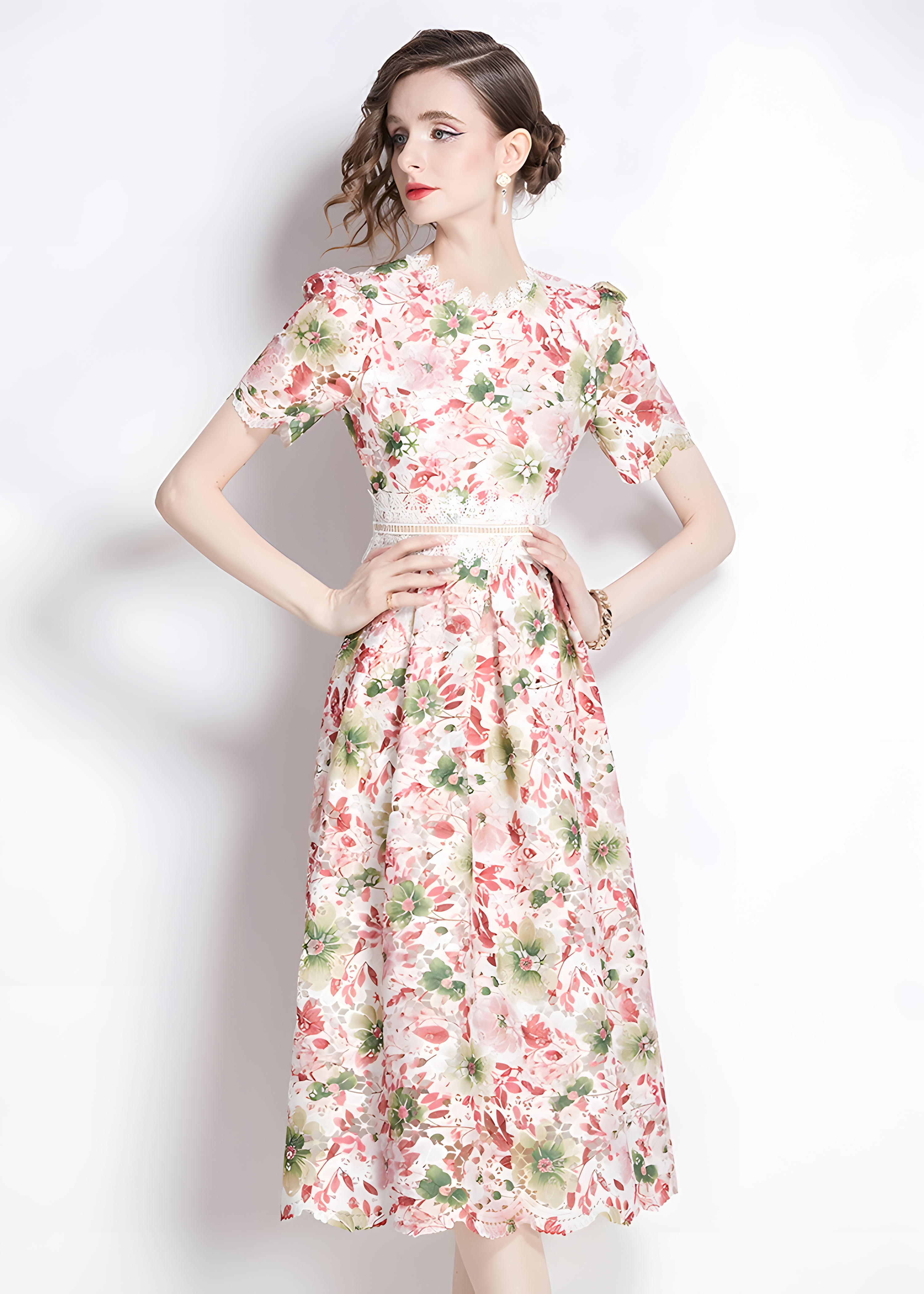 French Printed Flower Lace Jewel Neckline Retro Dress - 795256872065_BAS