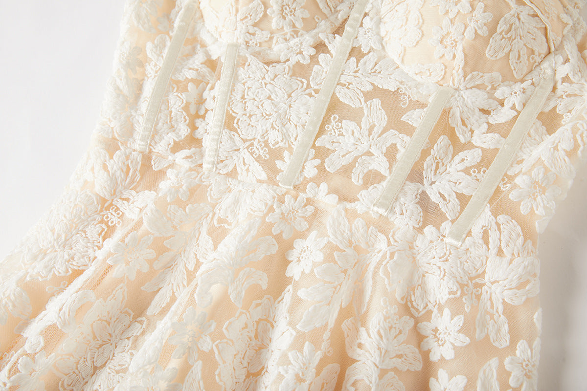 Ivory Lace Garden Dress with Heavy Embroidered Mesh Flocking and Corset Top - 821764686977_BEI (EOSS)