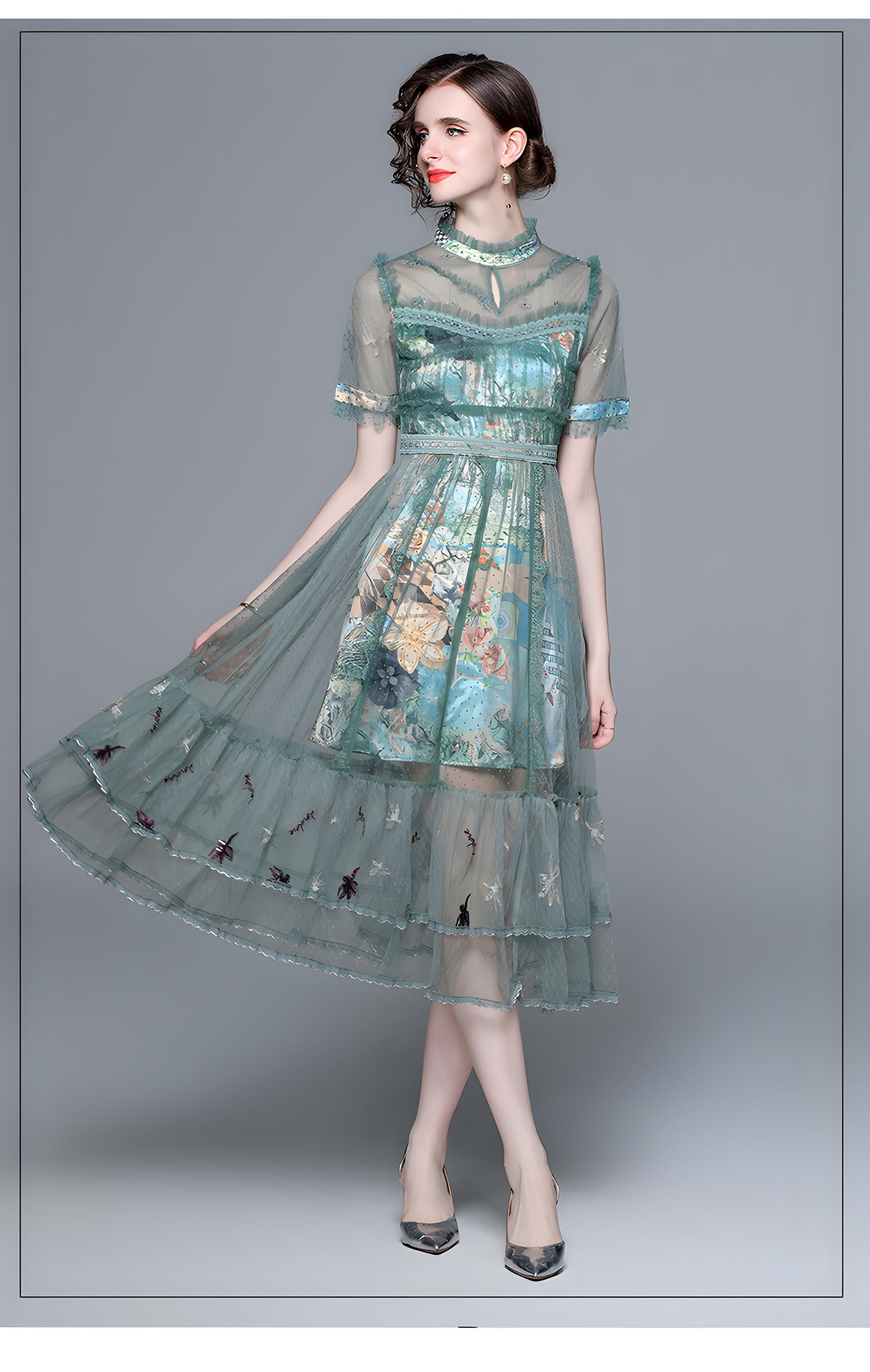 Luxury Silk Thread Embroidery Mesh and Lace Butterfly Sleeve Dress - 6994#616